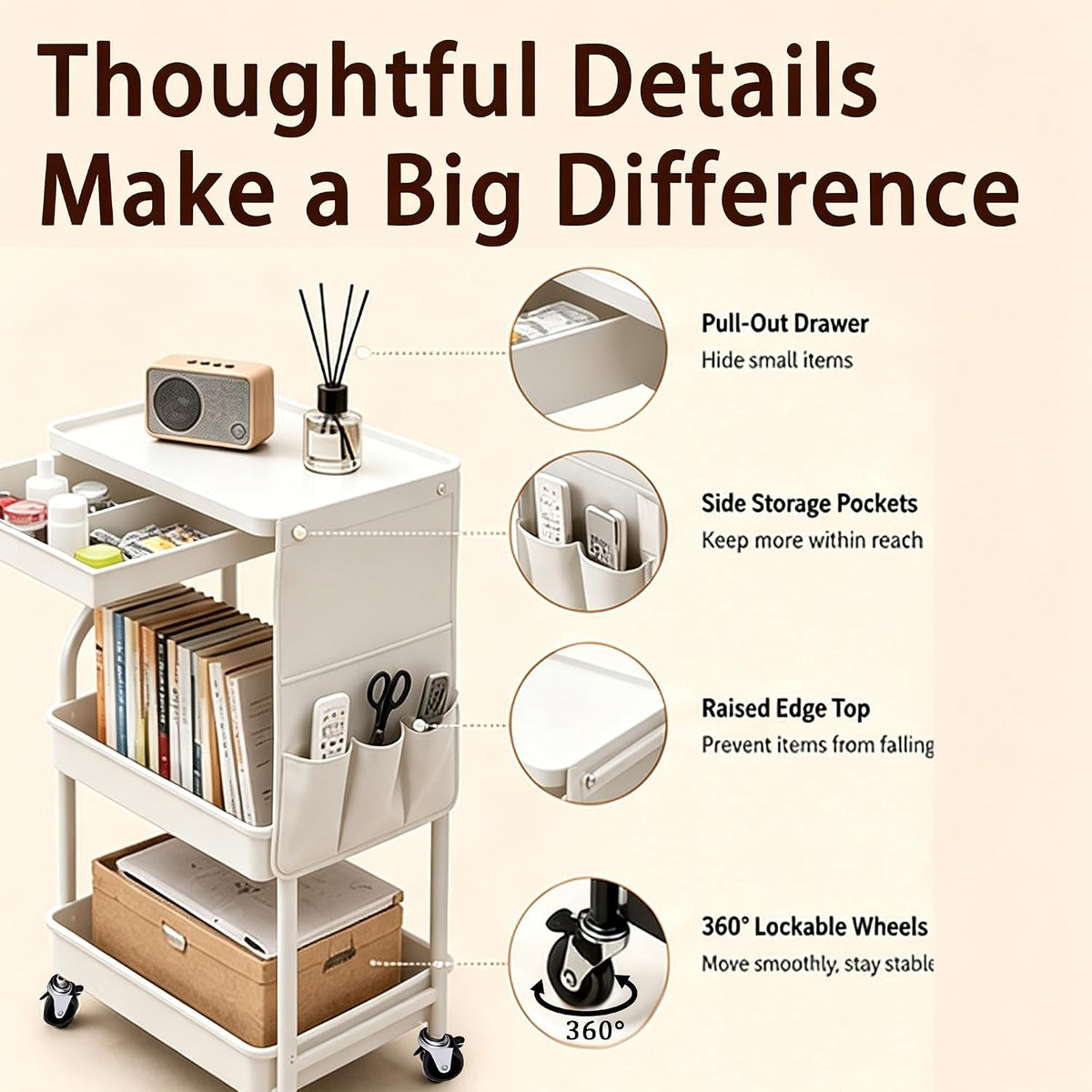 BLULEE 3-Tier Rolling Storage Cart with Pull-Out Drawer & Side Organizer