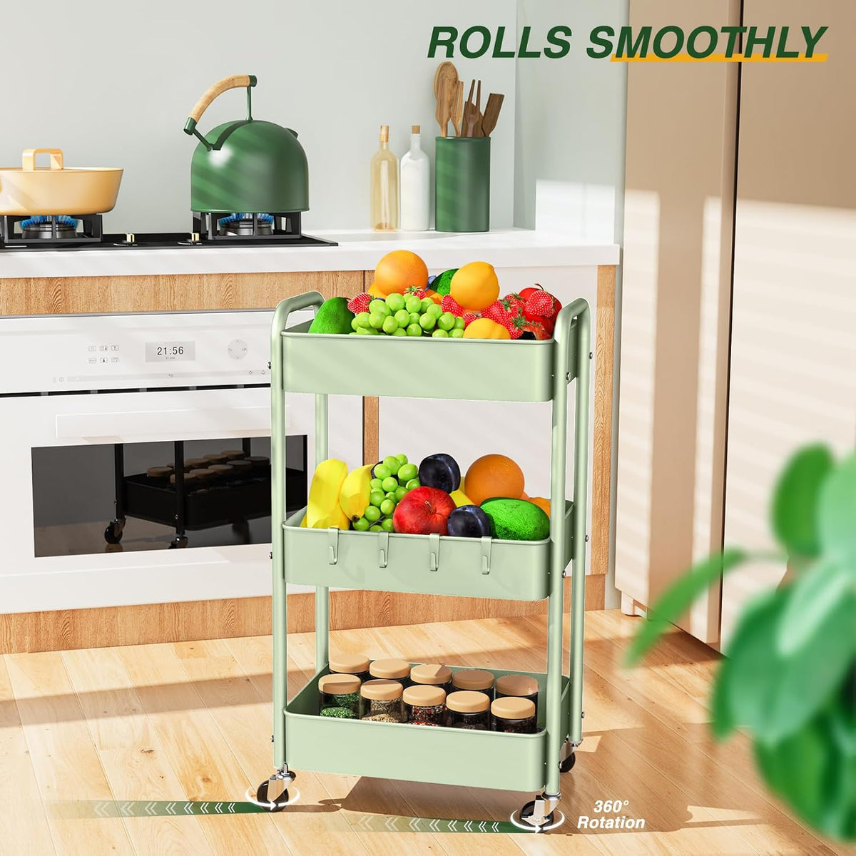 LEHOM 3 Tier Rolling Cart, Metal Rolling Utility Cart with Lockable Wheels