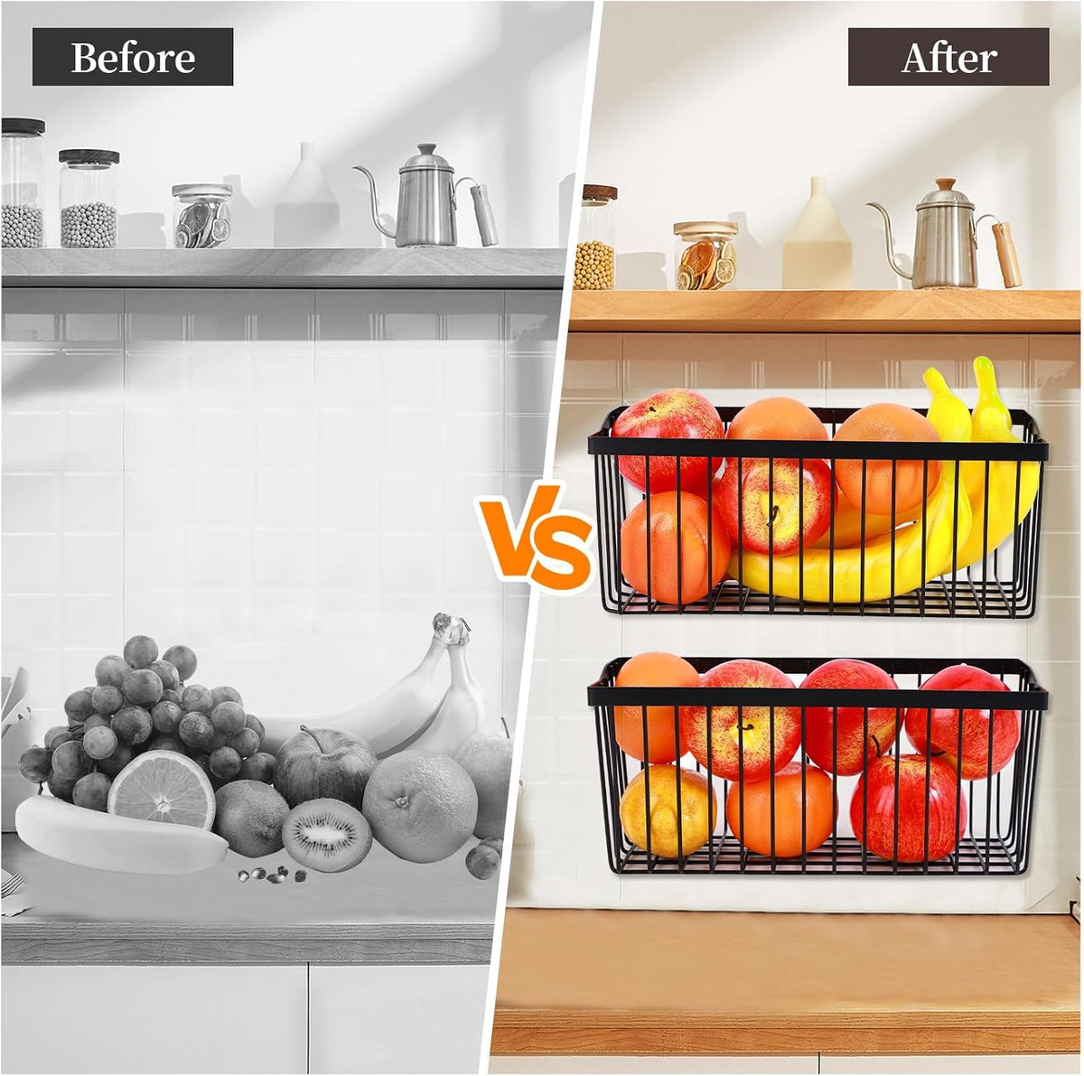 2-Pack Wall Mount Wire Fruit Basket for Kitchen Onion Potato Storage, Black
