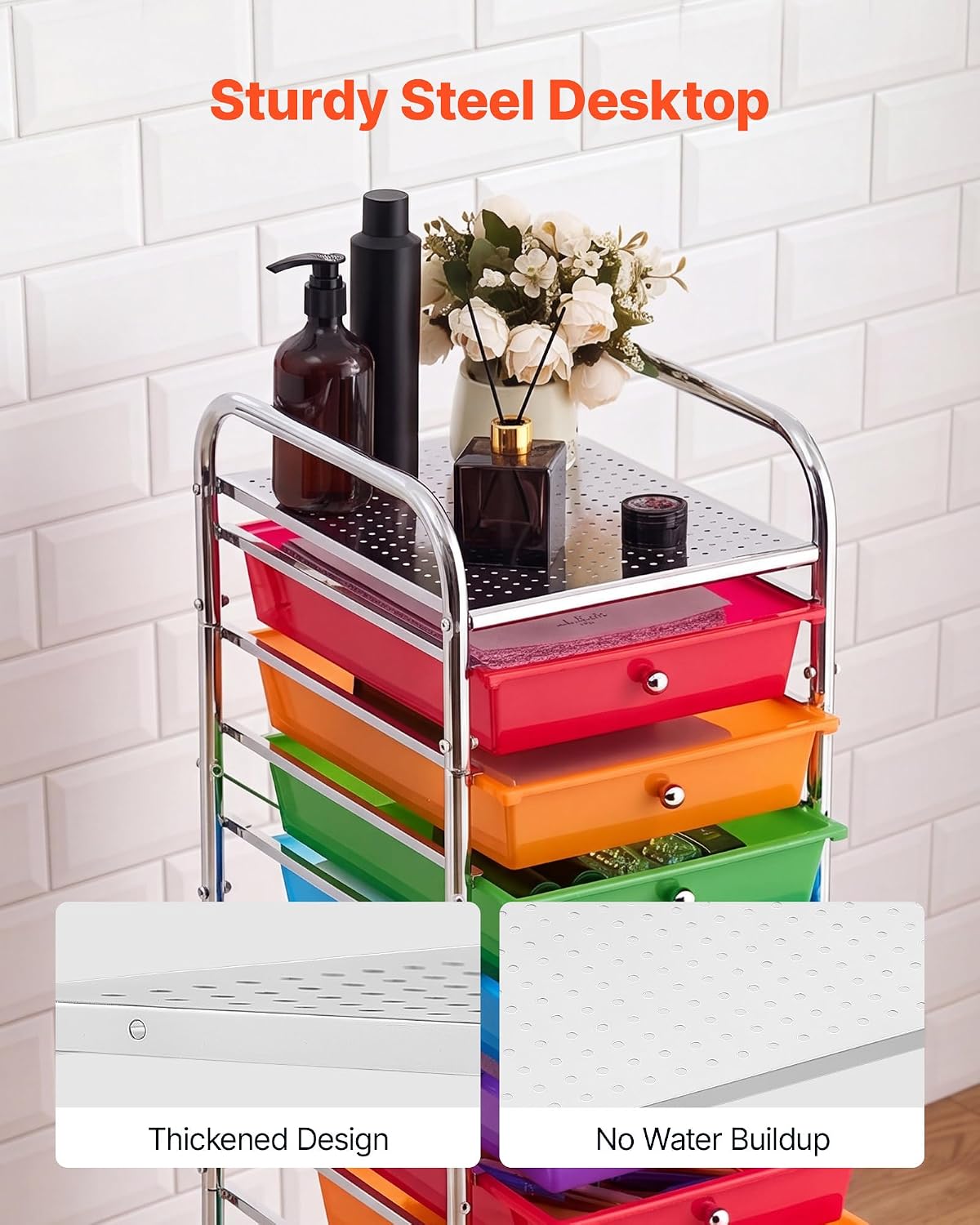 VEVOR Rolling Cart with Drawers, 10 Drawer Storage Organizer, Mobile Utility Cart with Steel Frame, Universal Casters & 2 Brakes, Great for Office, Classroom, Craft Tools, Garage, Studio, Rainbow