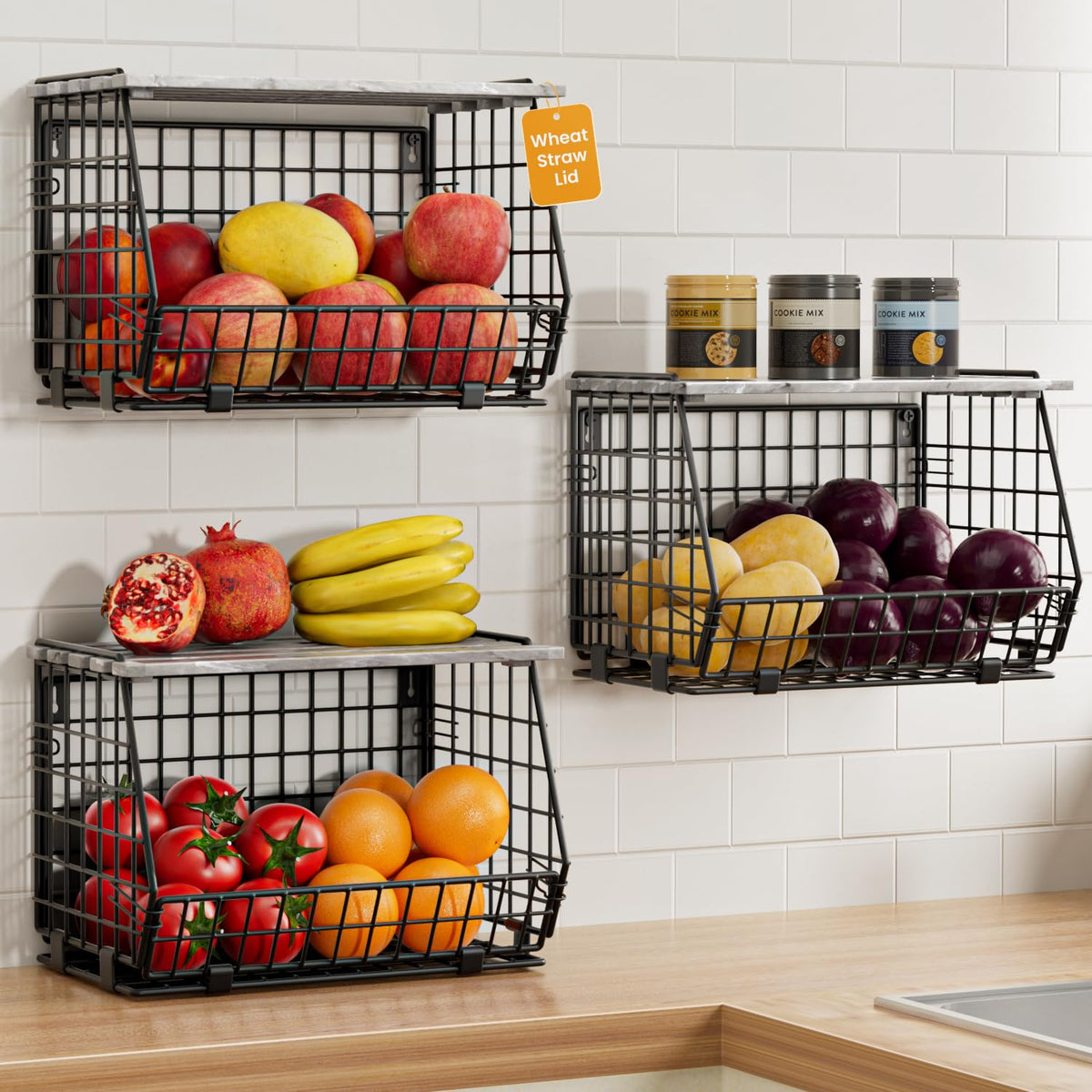 Hanging Fruit Basket for Kitchen, 3 Pack Vegetable Produce Basket