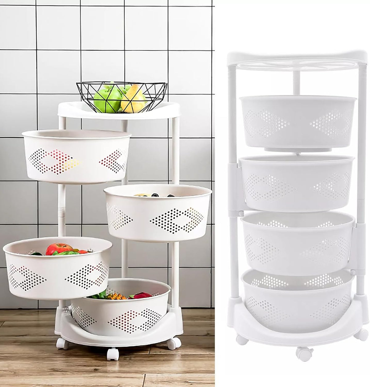 Ringmaster 4 Tier Multi-Layer Rotating Storage Rack Storage Shelves Organizer,Floor Standing Kitchen Storage Cart with Wheels,Fruit Vegetable Storage Basket Shelf for Kitchen,Living Room,Bedroom