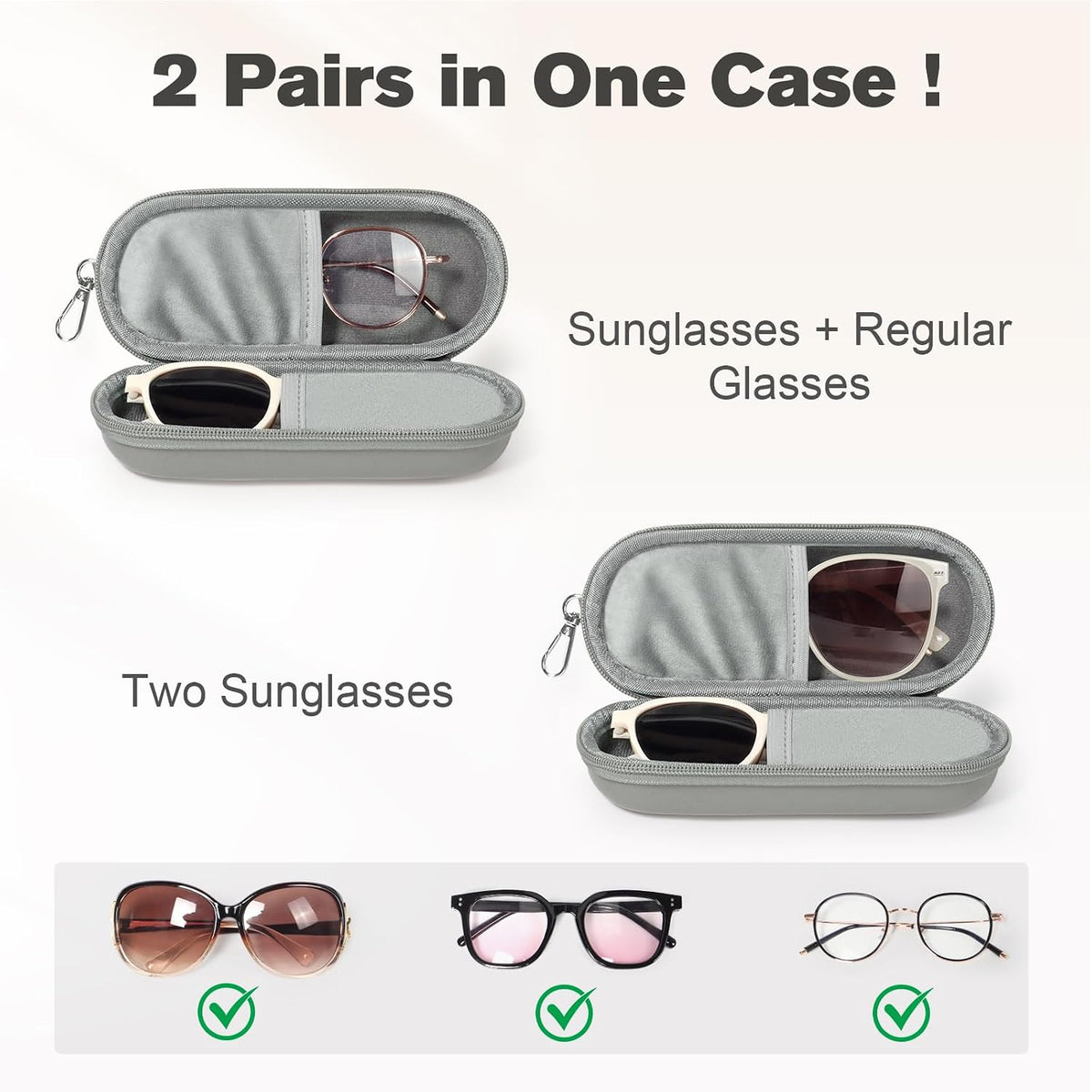 Double Eyeglasses Case, Dual Glasses Sunglasses Organizer with Zipper Closure, Eyewear Storage Box for Men Women Travel