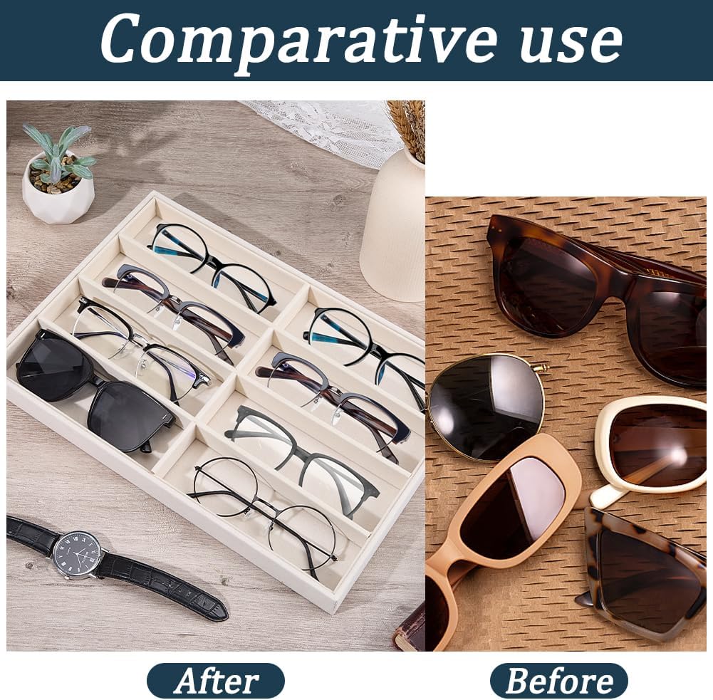 CREATCABIN Velvet Sunglasses Organizer Tray 8 Grids Drawer Glasses Display Storage Case Trays Stackable Sunglass Organizer Holder Box for Women Men Eyeglasses Jewelry Watch Beige 14 x 9.5 x 1.2in