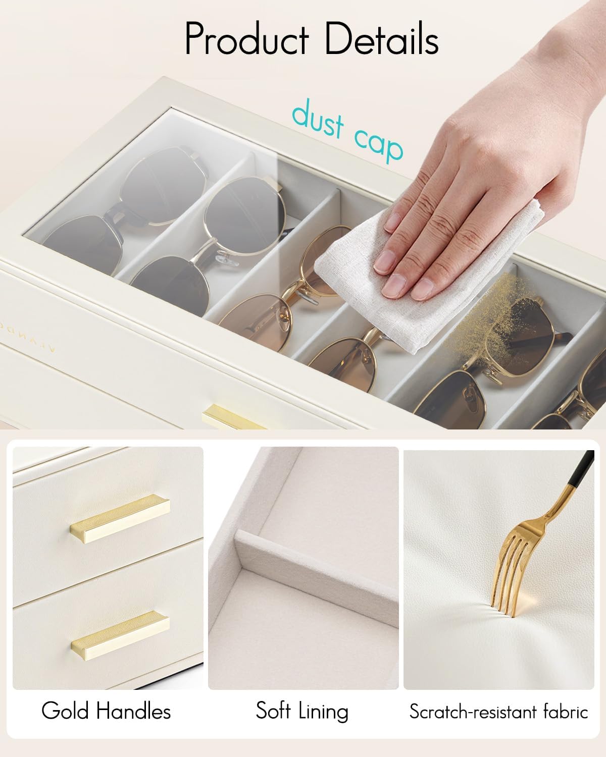 VLANDO 18-Slot Sunglasses Organizer Case with Clear Lid & 3 Drawers,Beige