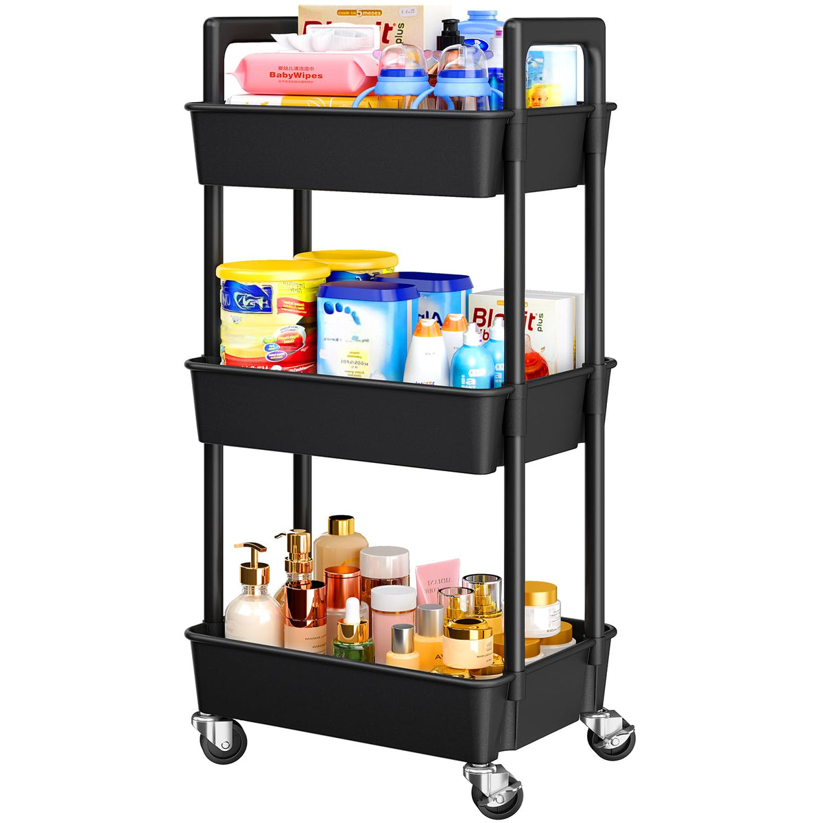 Pipishell 3 Tier Rolling Cart with Handle & Wheels for Storage, White