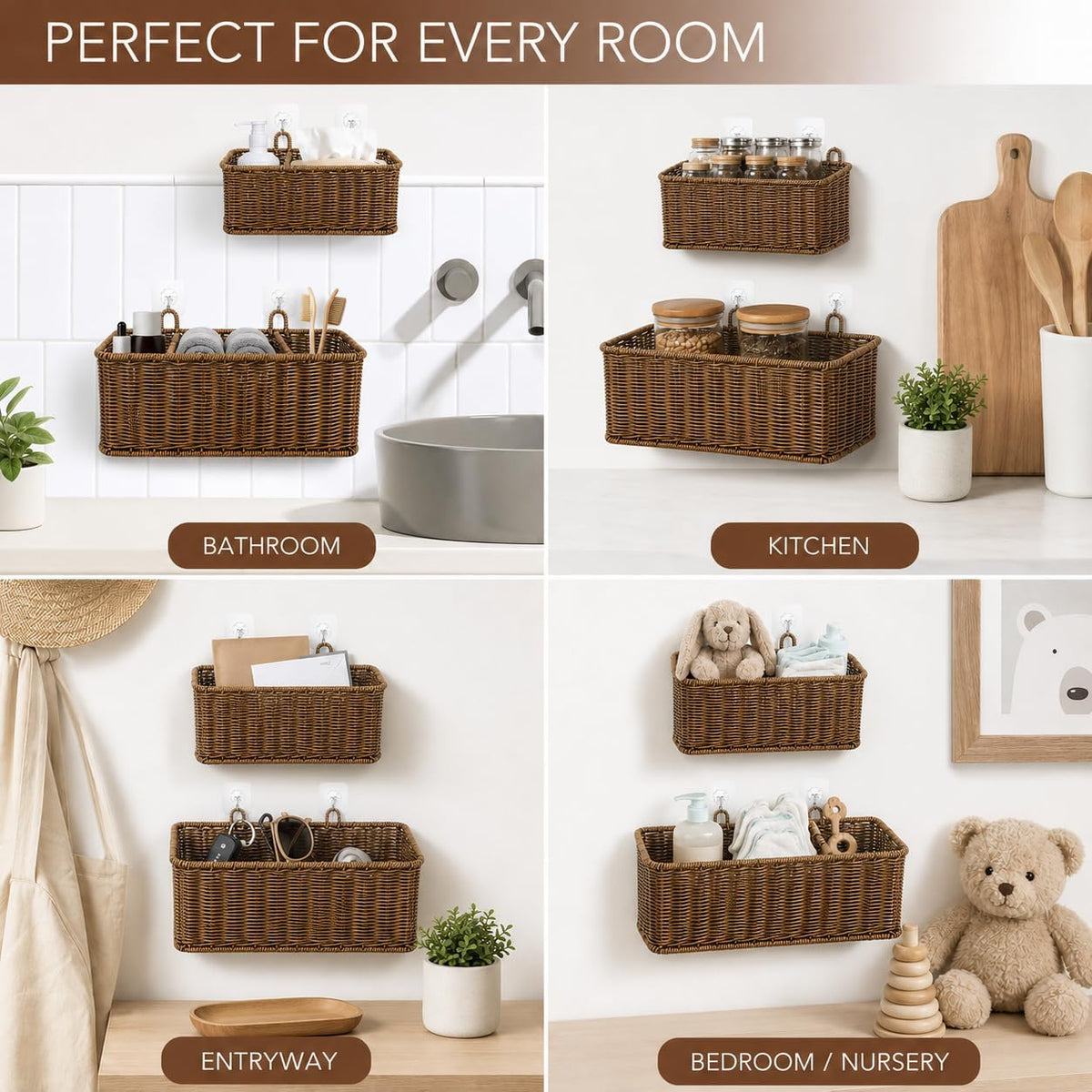 AceList Hanging Wall Basket with Removable Dividers, Set of 2 Woven Storage Baskets - Faux Rattan Wall Mounted Organizer for Kitchen Bathroom, Includes 5 Clear Hooks & 5 No-Mark Nails, Boho Decor