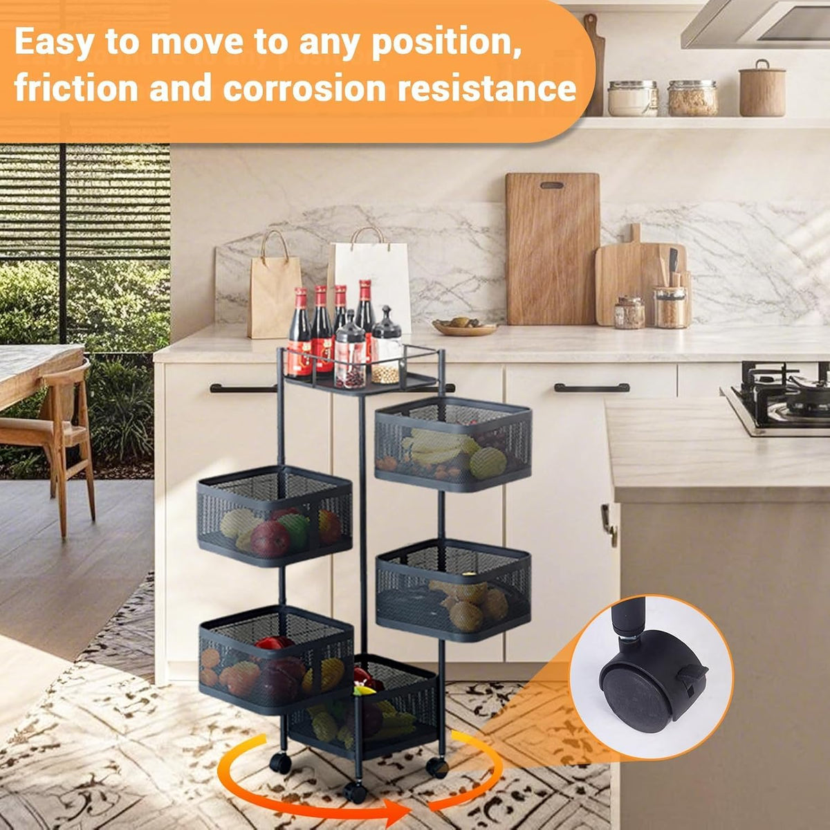 5 Tier Rotating Rolling Storage Cart with Top Lid & 360° Wheels, Metal Mesh Rolling Cart Organizer for Fruits Vegetables Groceries Potato Onion Corns, Kitchen Storage Cart No Assembly, White