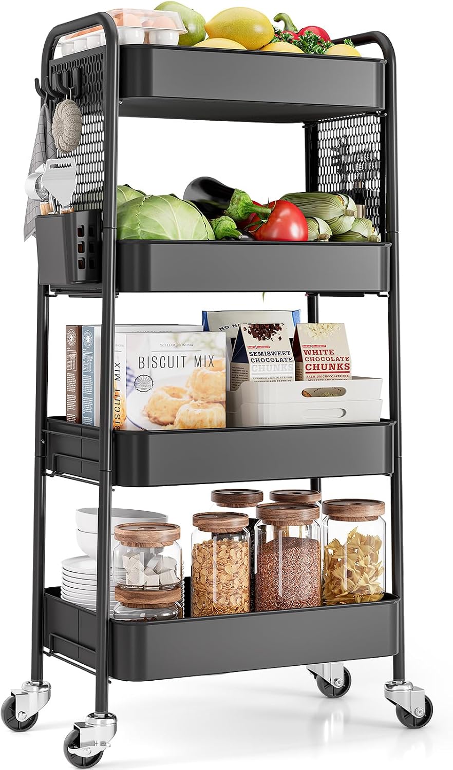 TOOLF 4 Tier Rolling Cart, Metal Utility Storage Cart with Pegboard, Black