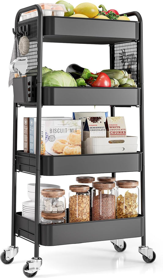 TOOLF 4 Tier Rolling Cart, Metal Utility Storage Cart with Pegboard, Black
