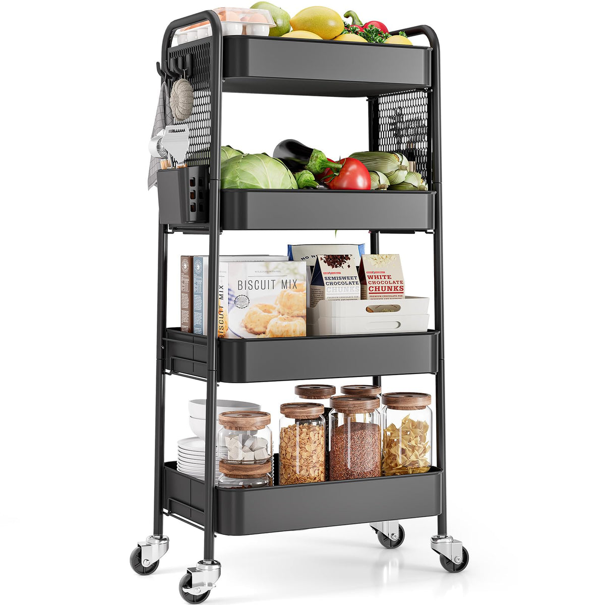 TOOLF 4 Tier Rolling Cart, Metal Utility Storage Cart with Pegboard, Black