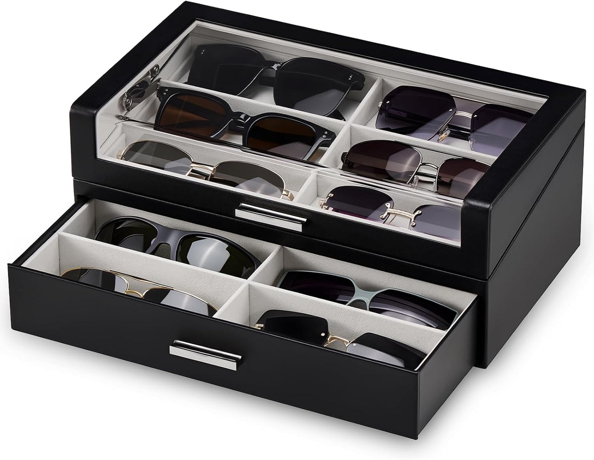 ProCase 12 Slots Sunglasses Box with L-Shaped Clear Lid -Black