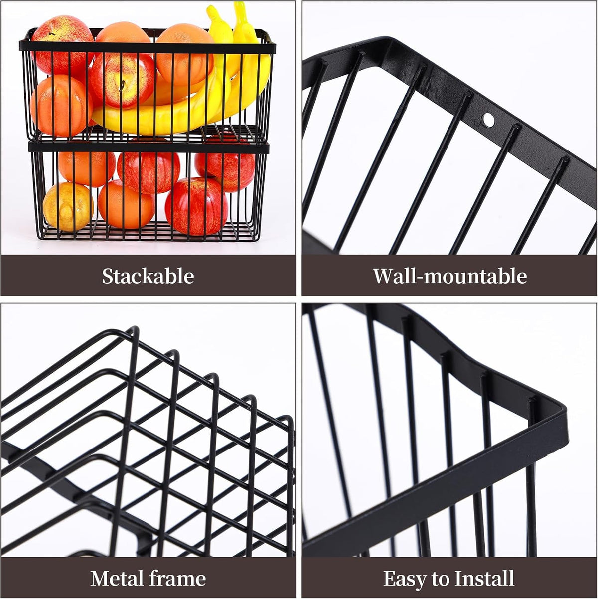 2-Pack Wall Mount Wire Fruit Basket for Kitchen Onion Potato Storage, Black