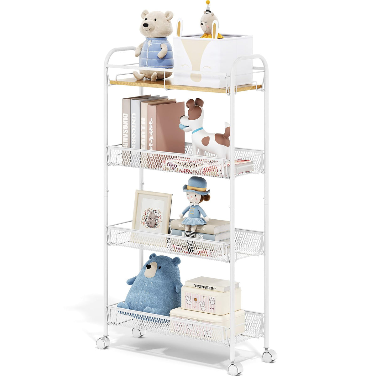 TOOLF 4-Tier Rolling Cart, Metal Utility Cart, Slide Out Storage Cart with Wooden Tabletop and Mesh Baskets, Easy Assemble Trolley for Kitchen Bathroom Laundry Room Bedroom Apartments Dormitory