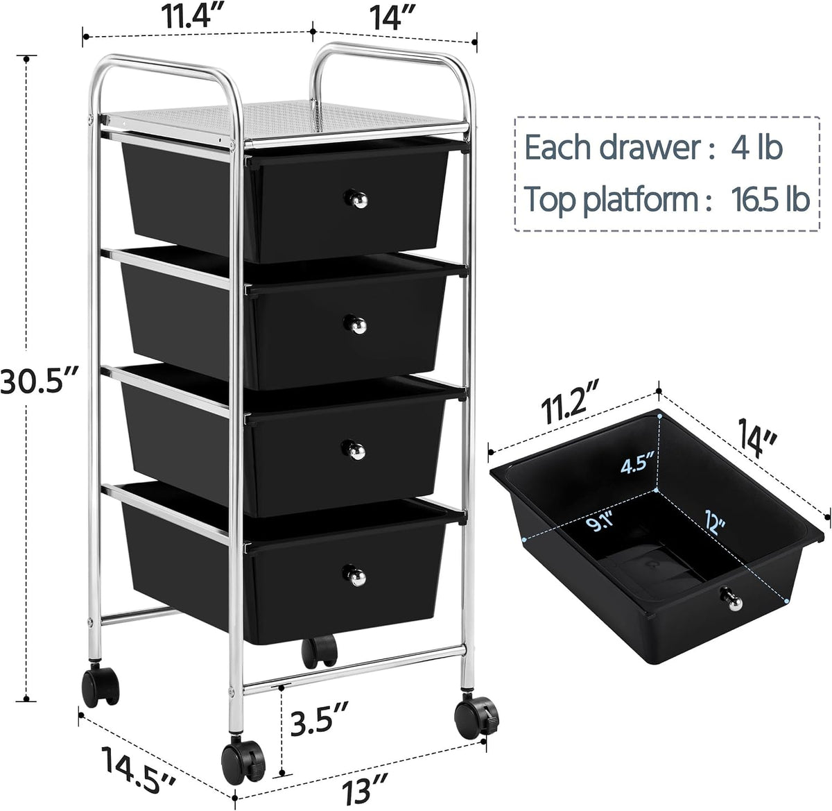Yaheetech 4-Drawer Rolling Storage Cart with Wheels, Slim Organizer, Black