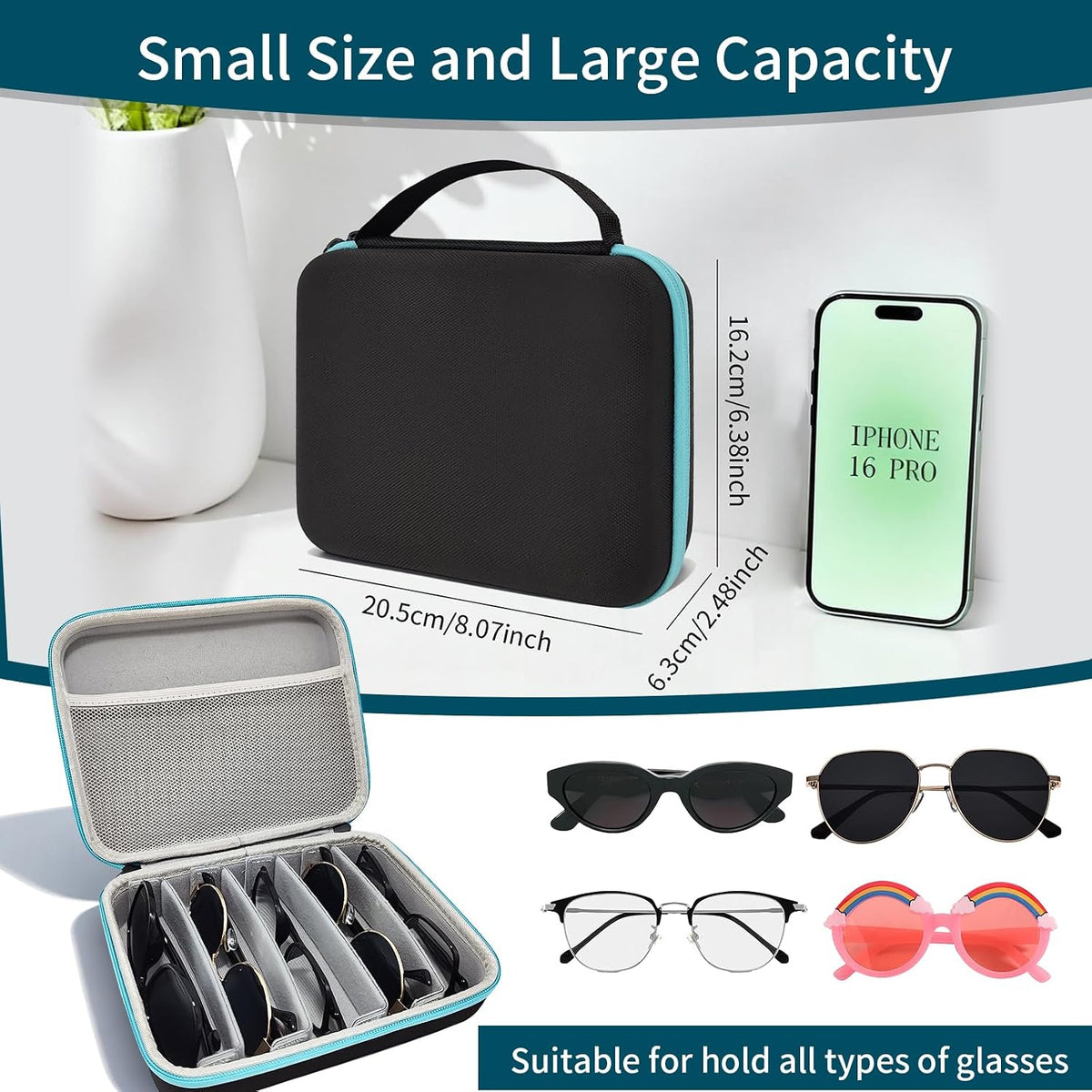 Travel Sunglasses Organizer Case, Adjustable Slot for Multiple Eyeglasses, Hard Shell Eyewear Box for Men Women