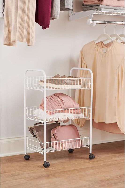 Rubbermaid 3-Tier Wheeled Adjustable Metal Storage Organizer Cart, White
