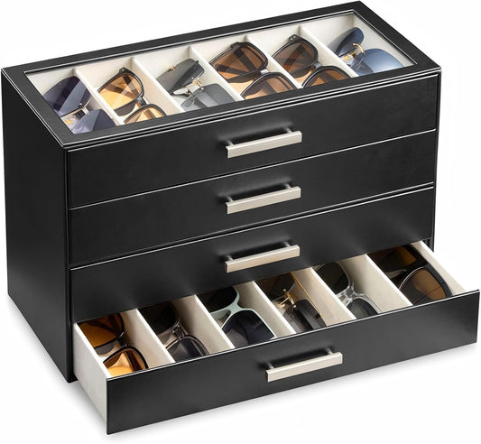 ProCase Sunglasses Organizer Box with Clear Glass Lid, PU Leather Eyeglass Storage Display Case for Men and Women