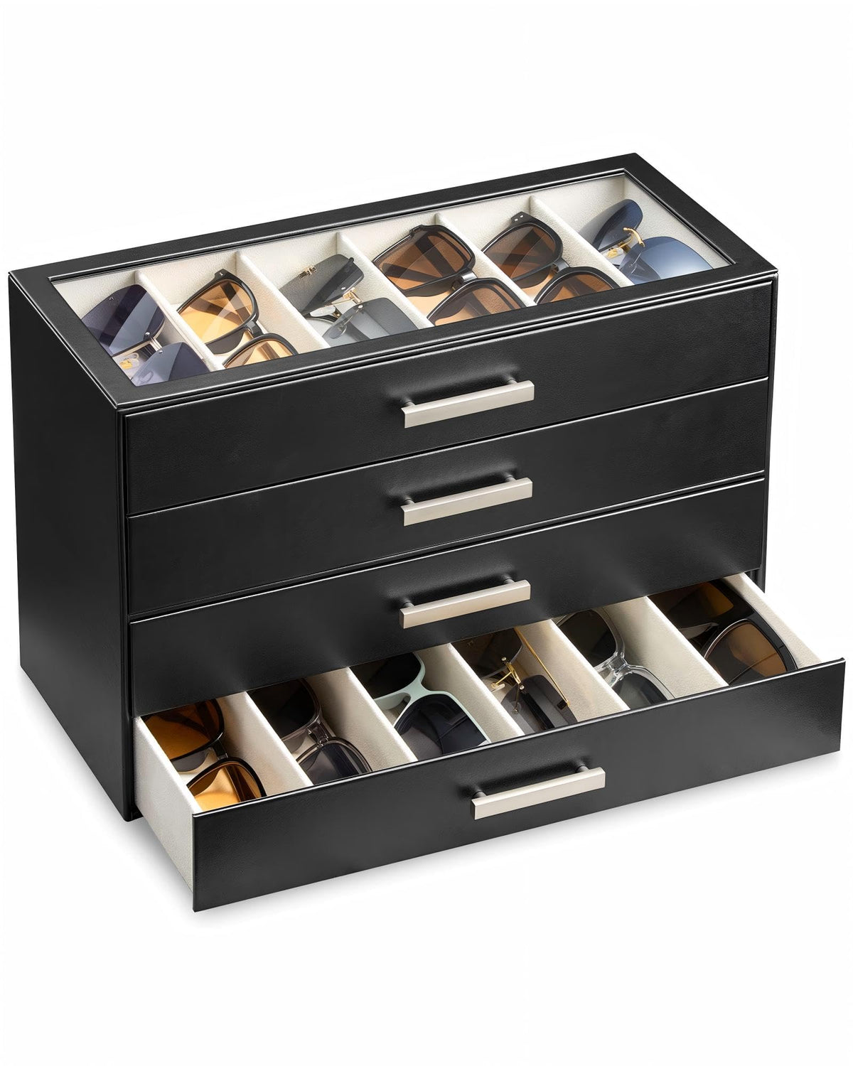 ProCase Sunglasses Organizer Box with Clear Glass Lid, PU Leather Eyeglass Storage Display Case for Men and Women