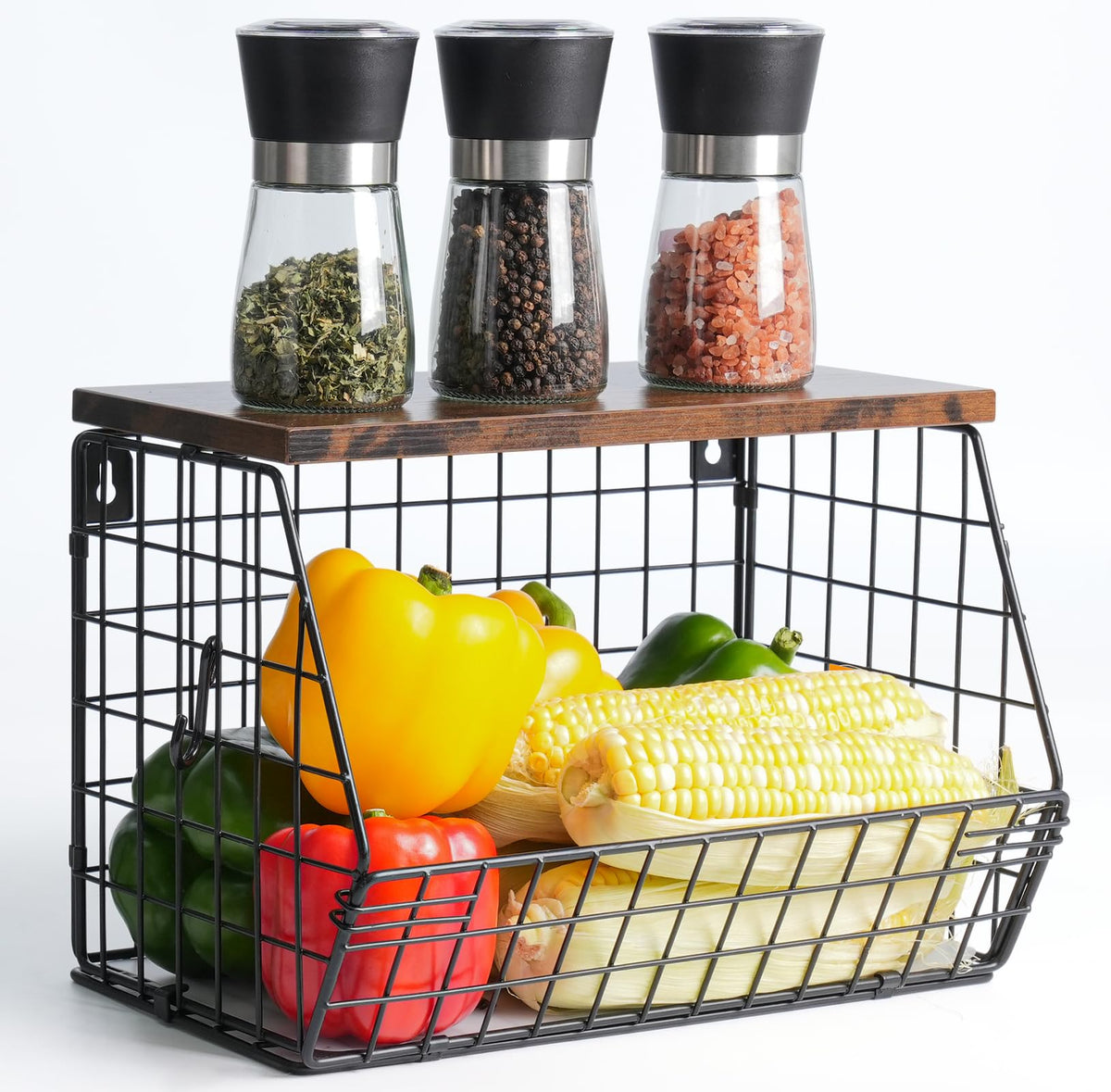 Wawocs Fruit Basket for Kitchen Counter 2 Tier Fruit Bowl, Stackable Wall Mounted Hanging Fruit Basket Wire Baskets with Wood Lid with 4 Banana Hanger Hooks, Onion Basket, Fruit and Vegetable Storage