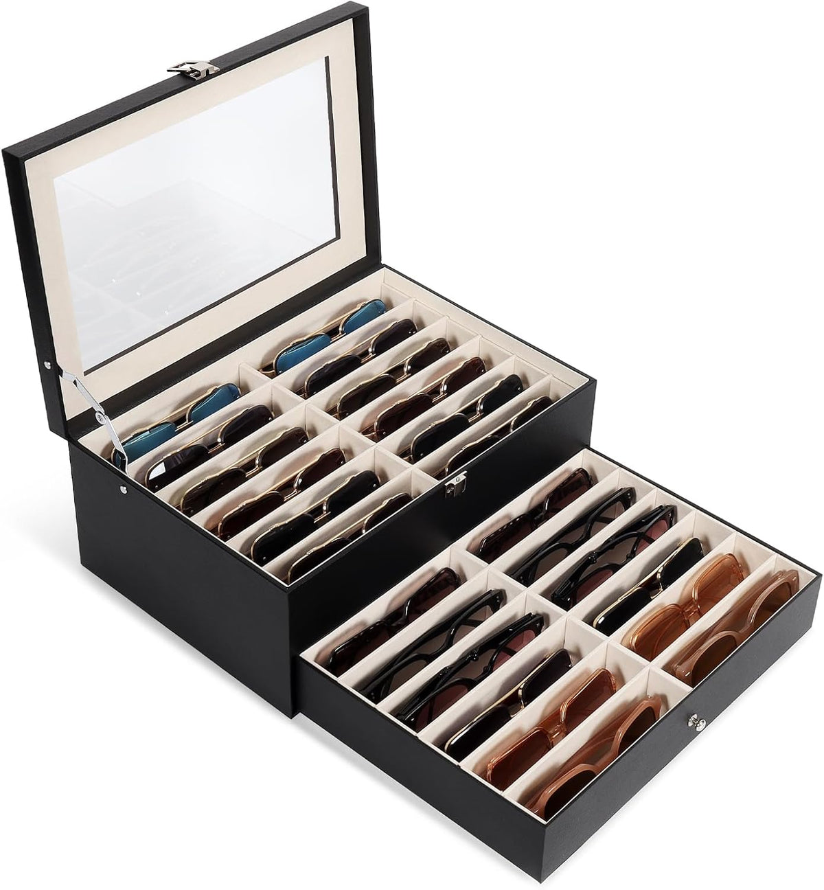 Sunglasses Storage Organizer Case with 24 Adjustable Slots, 2 Layer Multi Eyeglass Glasses Display Box with Lid Women