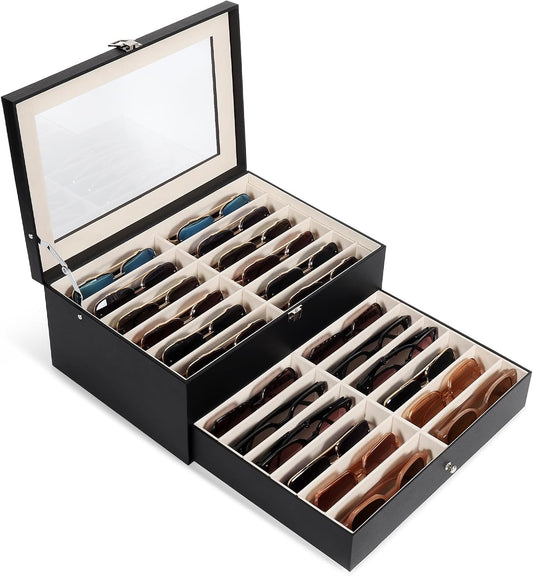 Sunglasses Storage Organizer Case with 24 Adjustable Slots, 2 Layer Multi Eyeglass Glasses Display Box with Lid Women