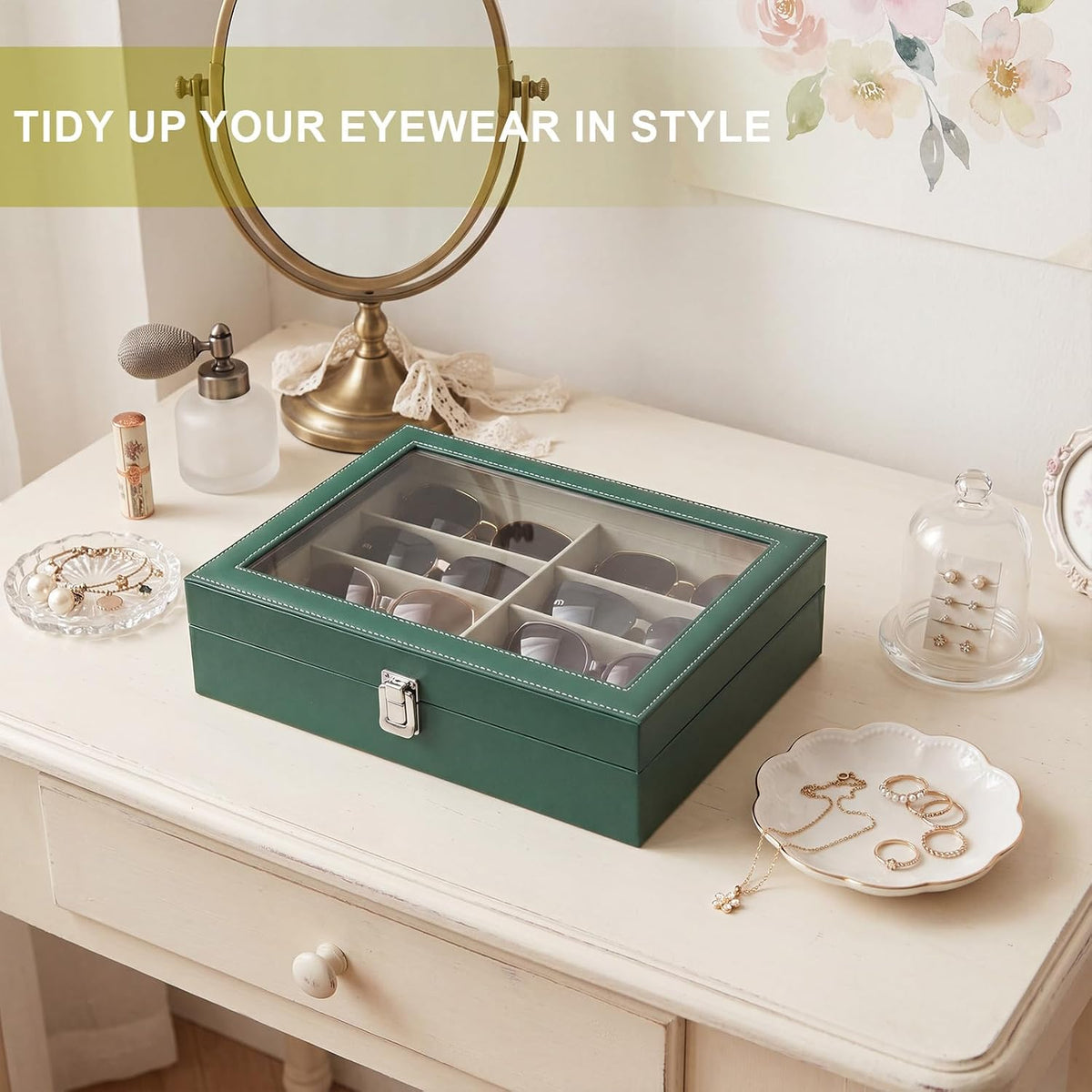 8 Slots Sunglass Organizer, PU Leather Eyewear Display Tray