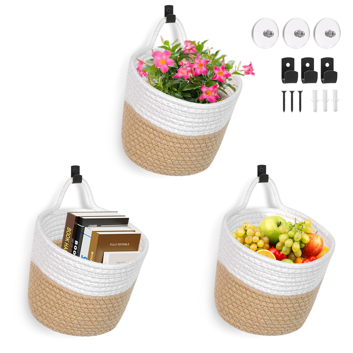 Fabric Wall Hanging Baskets 3 Pack - Woven Storage Organizers with Adhesive Hooks, Boho Style Wall Mounted Pouches for Home Kitchen Door (Large, White & Coffee)
