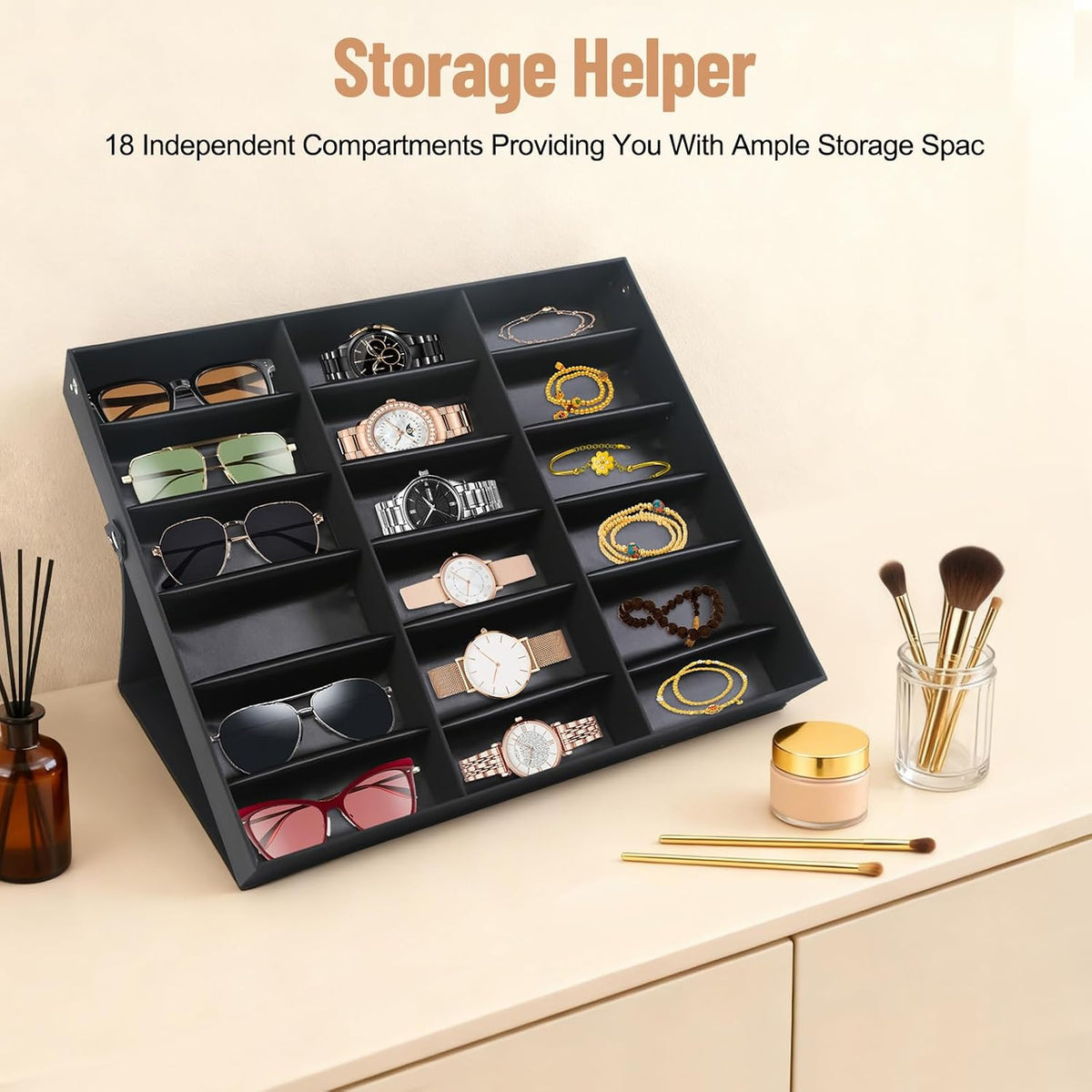18 Slot Sunglasses Organizer Display Case,Eyeglass Storage Box with Stand,Sunglass Display Stand,Fabric Lined & Snap Closure for Eyewear,Jewelry & Watches (Black)