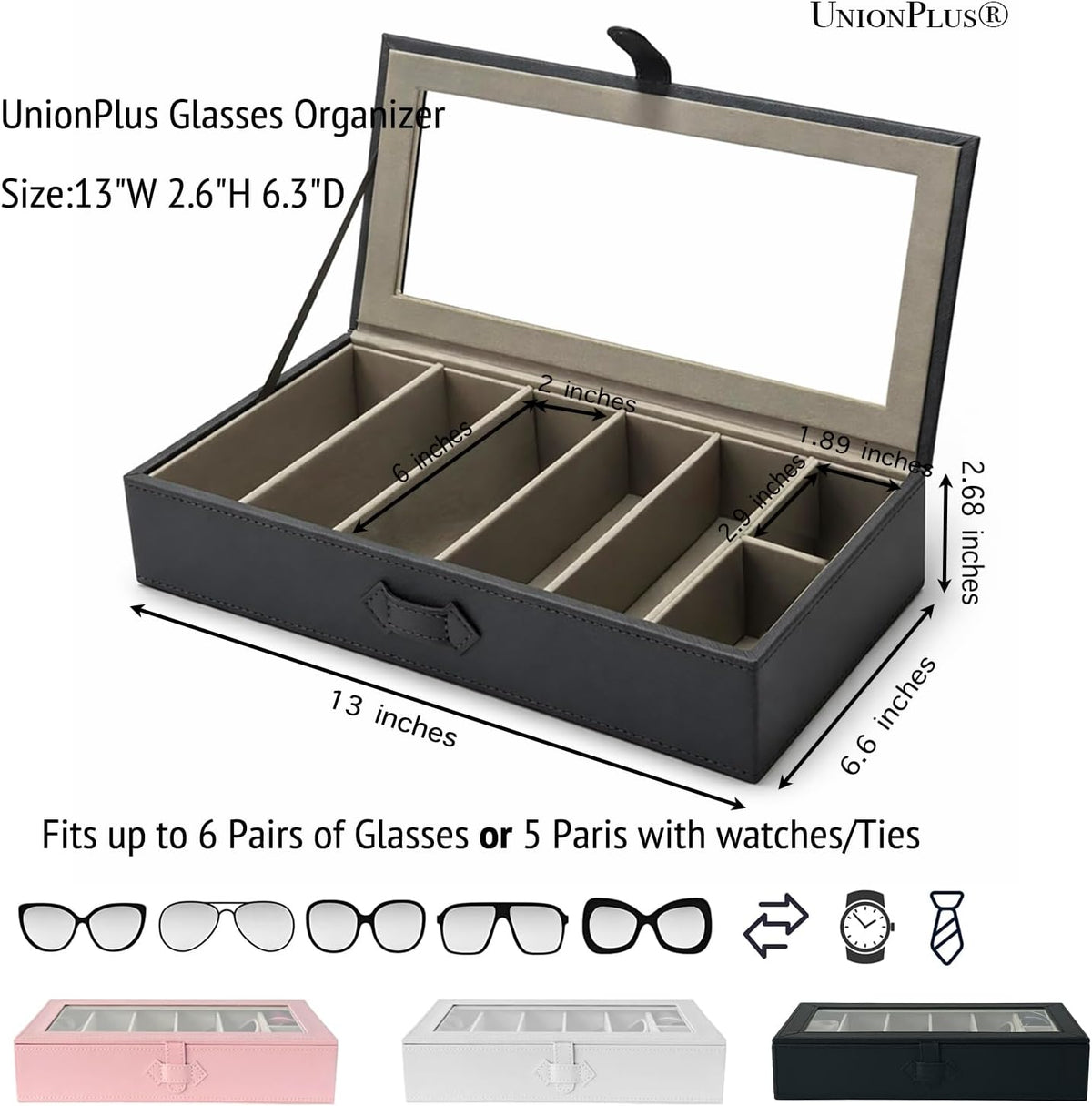 UnionPlus Sunglasses Case Organizer, Multiple Sunglasses Eyeglass Glasses Display Holder Collector, 5 Slots for Sunglasses Storage and 2 Small Slots for Accessories, Pink