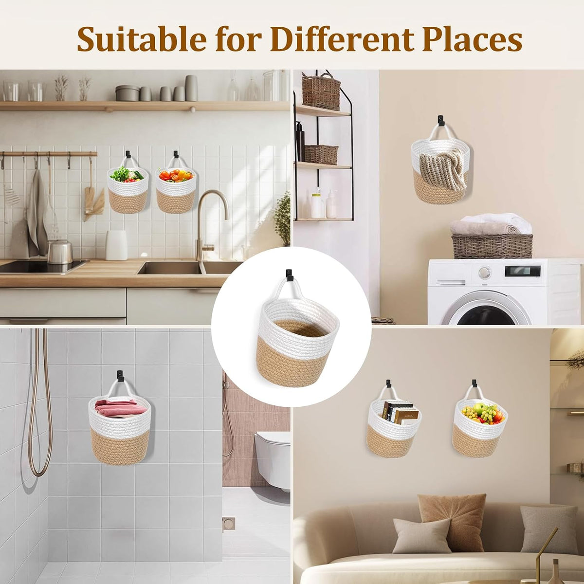 Fabric Wall Hanging Baskets 3 Pack - Woven Storage Organizers with Adhesive Hooks, Boho Style Wall Mounted Pouches for Home Kitchen Door (Large, White & Coffee)