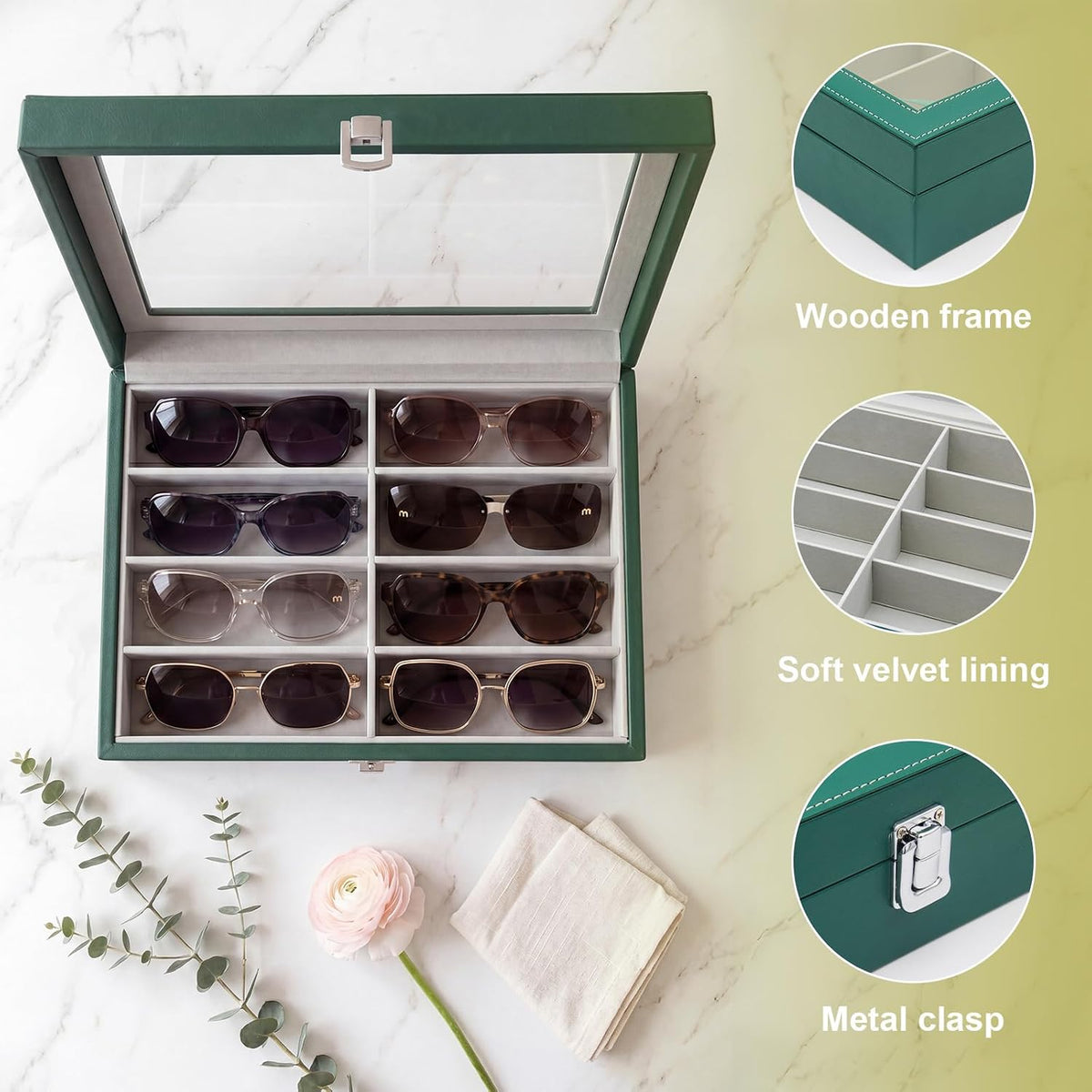 8 Slots Sunglass Organizer, PU Leather Eyewear Display Tray