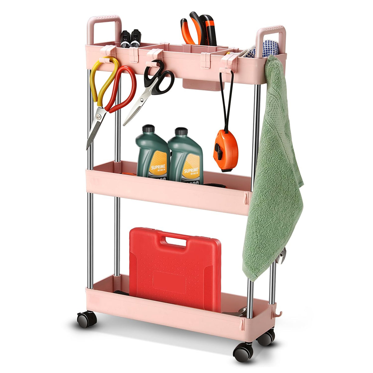 Auto Dynasty 3-Tier Rolling Utility Cart w/Handle, Narrow Storage, White