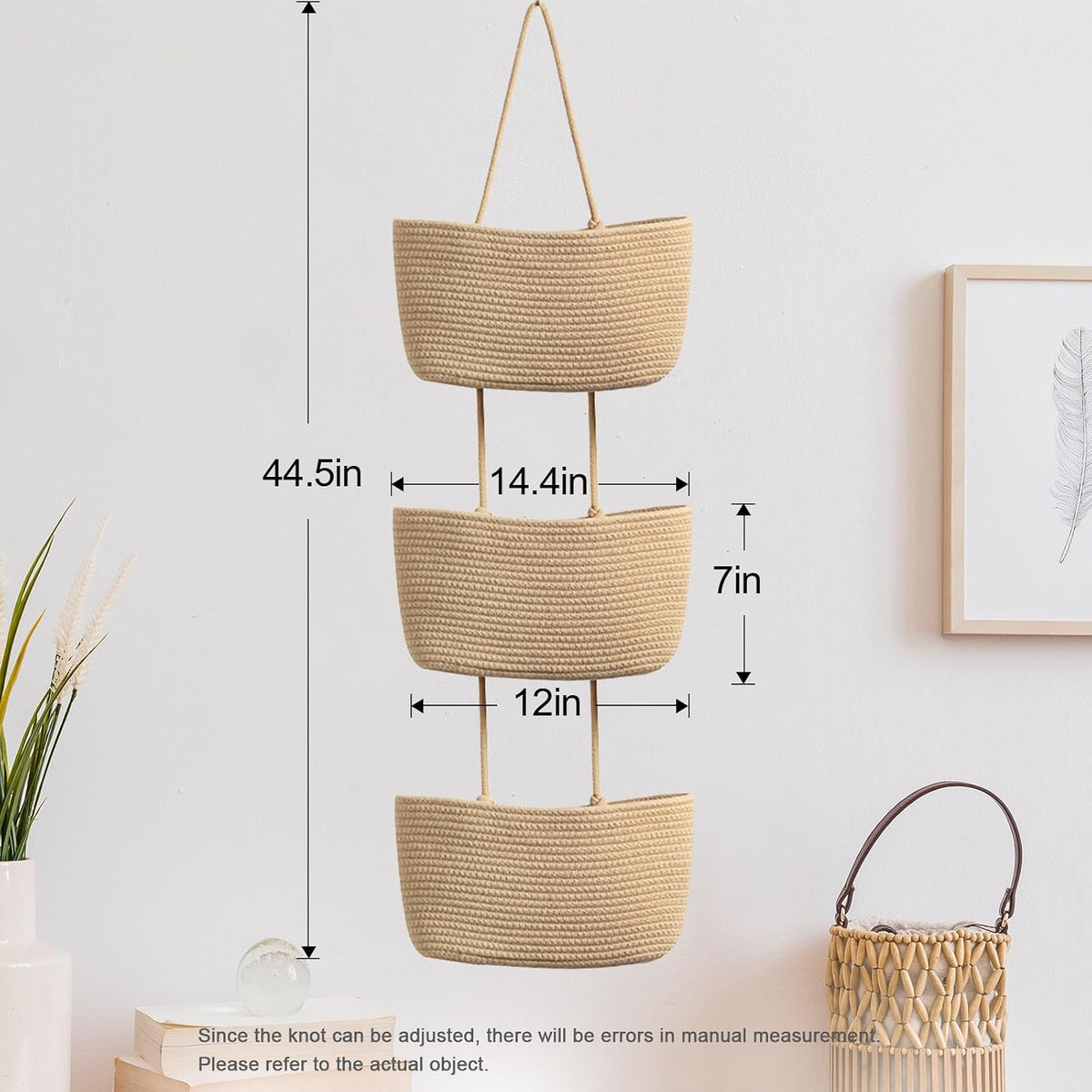 TeoKJ Over the Door Hanging Storage Basket Woven 3 Tier Wall Organizer Jute