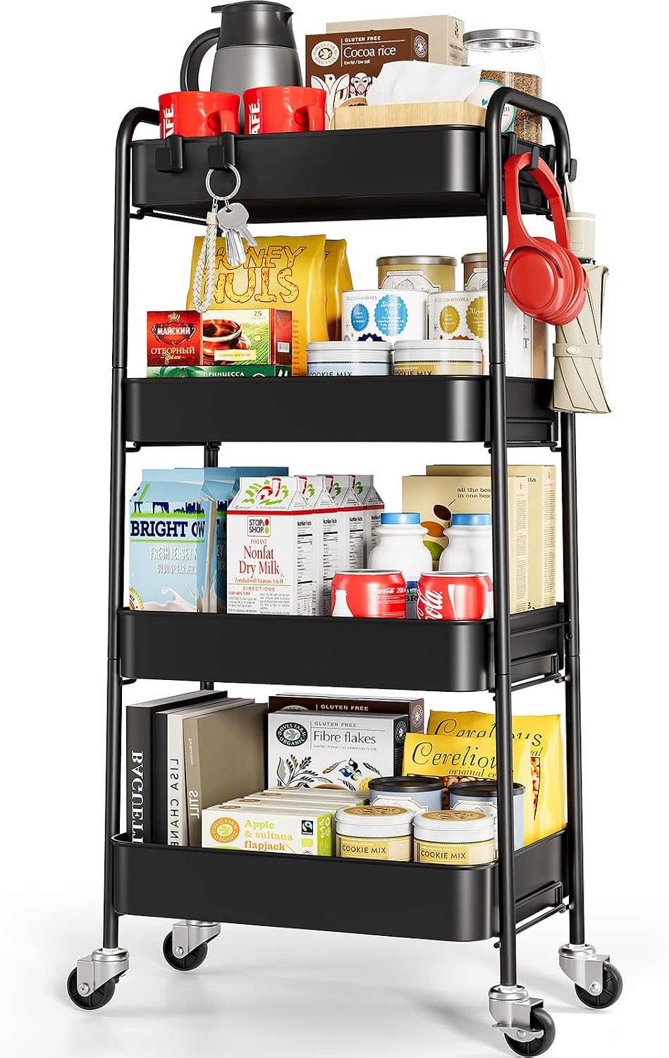 TOOLF 4 Tier Metal Rolling Cart, Utility Storage Cart with Wheels, Black