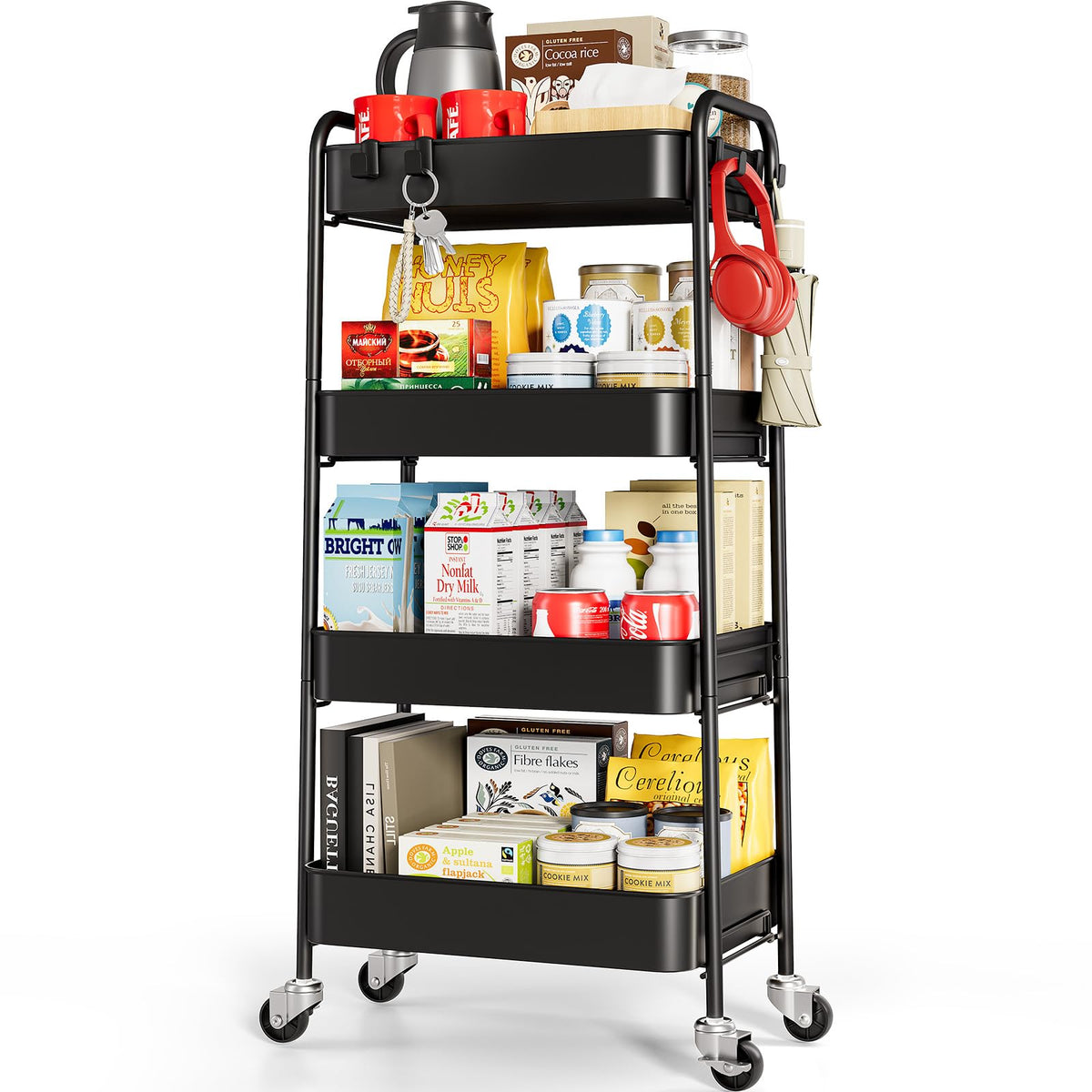 TOOLF 4 Tier Metal Rolling Cart, Utility Storage Cart with Wheels, Black