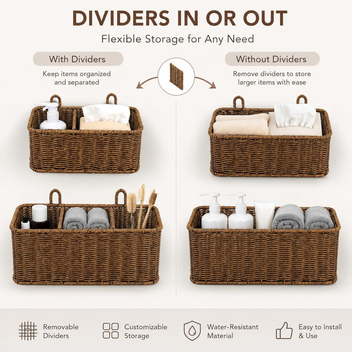 AceList Hanging Wall Basket with Removable Dividers, Set of 2 Woven Storage Baskets - Faux Rattan Wall Mounted Organizer for Kitchen Bathroom, Includes 5 Clear Hooks & 5 No-Mark Nails, Boho Decor