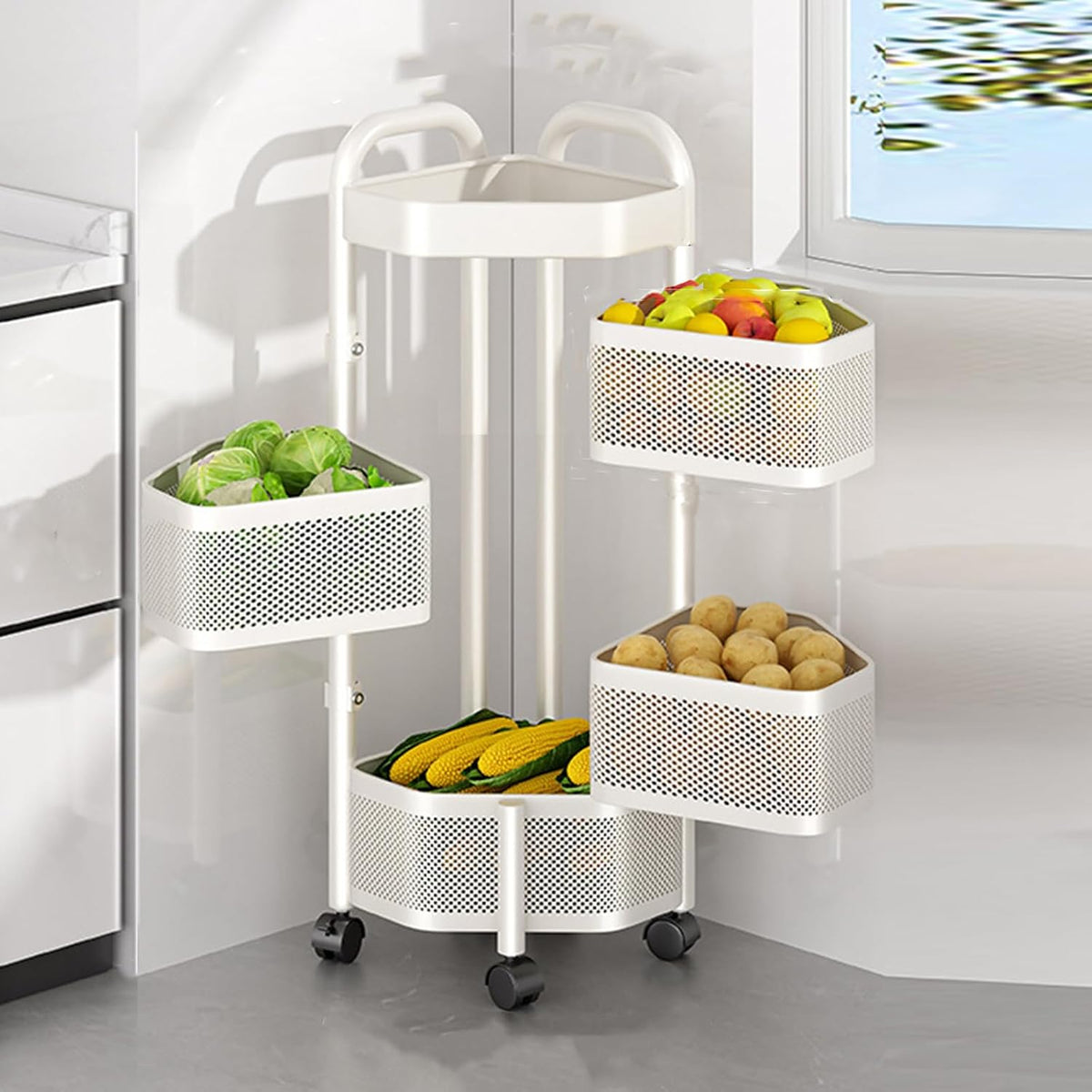 4 Tier Rotating Storage Rack with Removable Basket and Wheels,Kitchen Cart for Fruit Vegetable,White