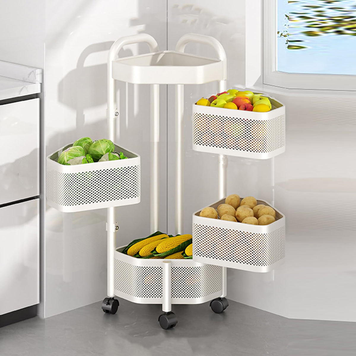 4 Tier Rotating Storage Rack with Removable Basket and Wheels,Kitchen Cart for Fruit Vegetable,White