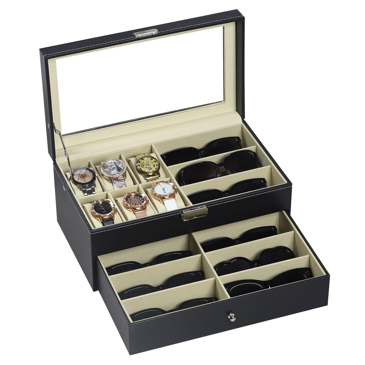 AUTOARK Leather 6 Watch Box & 9 Eyeglasses Storage Case,White,AW-131