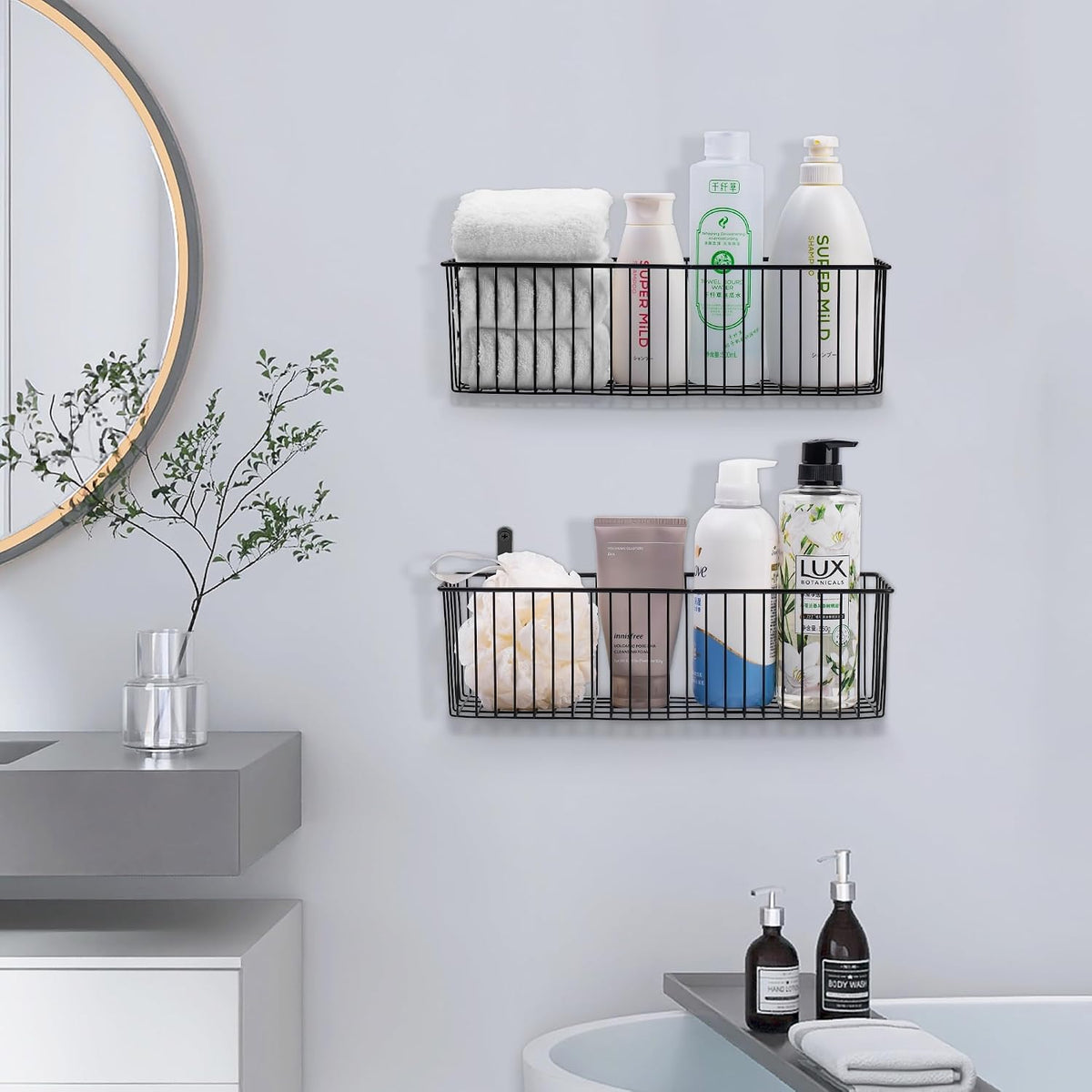 Black Wire Basket Wall Mounted(4 Pack) - Metal Toilet Paper Storage Basket - Rectangular Wire Baskets for organizing Kitchen,Bathroom,Countertop