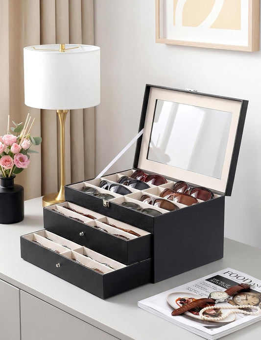 Sunglasses Glasses Storage Organizer Case with 32 Adjustable Slots, 3 Layer Multi Eyeglass Display Box with Lid Women