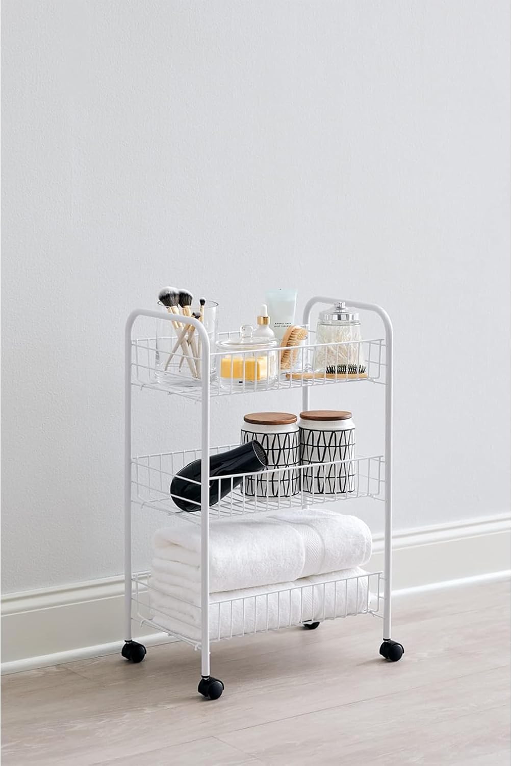 Rubbermaid 3-Tier Wheeled Adjustable Metal Storage Organizer Cart, White