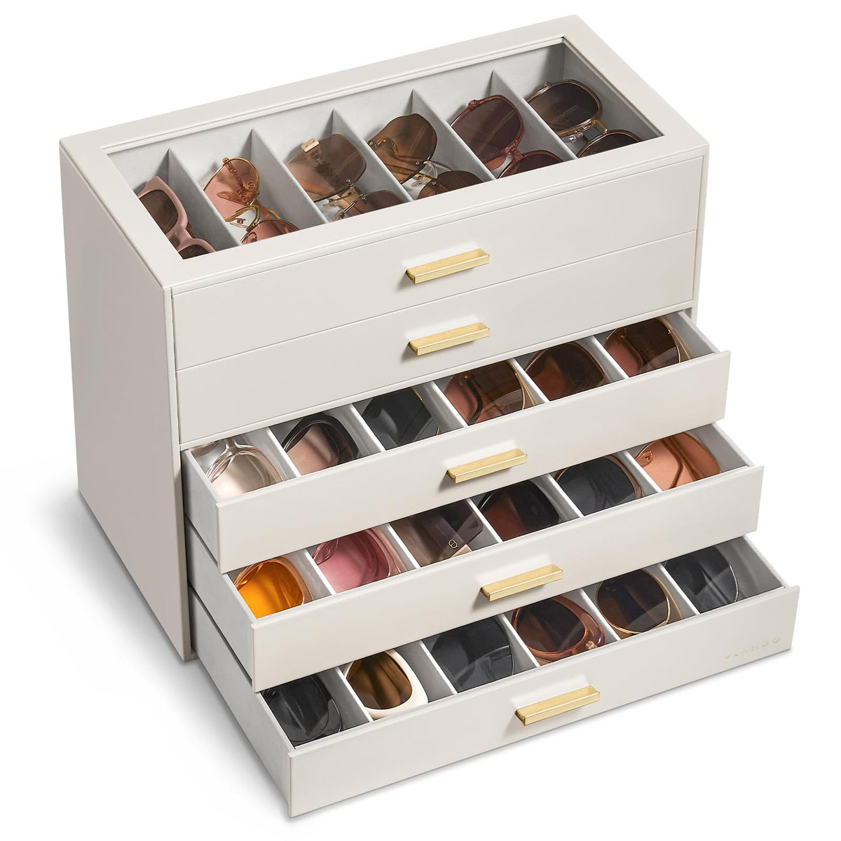 VLANDO 18-Slot Sunglasses Organizer Case with Clear Lid & 3 Drawers,Beige