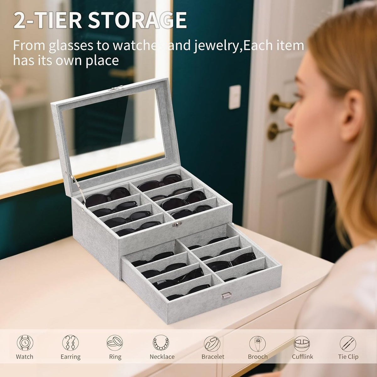AUTOARK 16-Slot Sunglass & Eyeglasses Organizer Box,Grey,MKAW233
