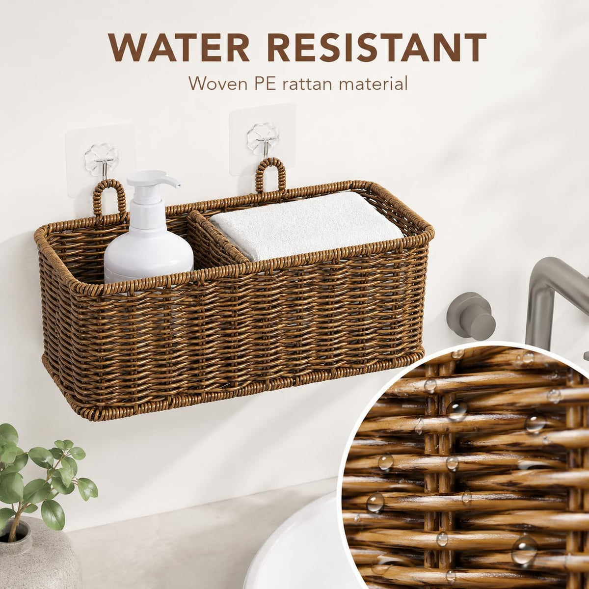 AceList Hanging Wall Basket with Removable Dividers, Set of 2 Woven Storage Baskets - Faux Rattan Wall Mounted Organizer for Kitchen Bathroom, Includes 5 Clear Hooks & 5 No-Mark Nails, Boho Decor