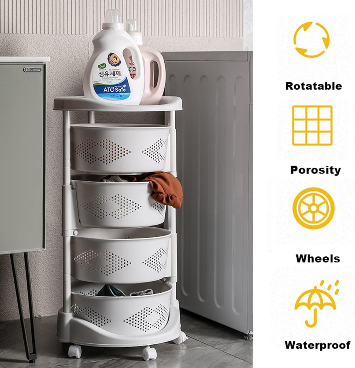4-Tier Adjustable Kitchen Storage Rack,4 Layer Rotating Vegetable Organizer with Lockable Casters,Multi-Layers Rotatable Baskets for Kitchen Bathroom Living Room,White