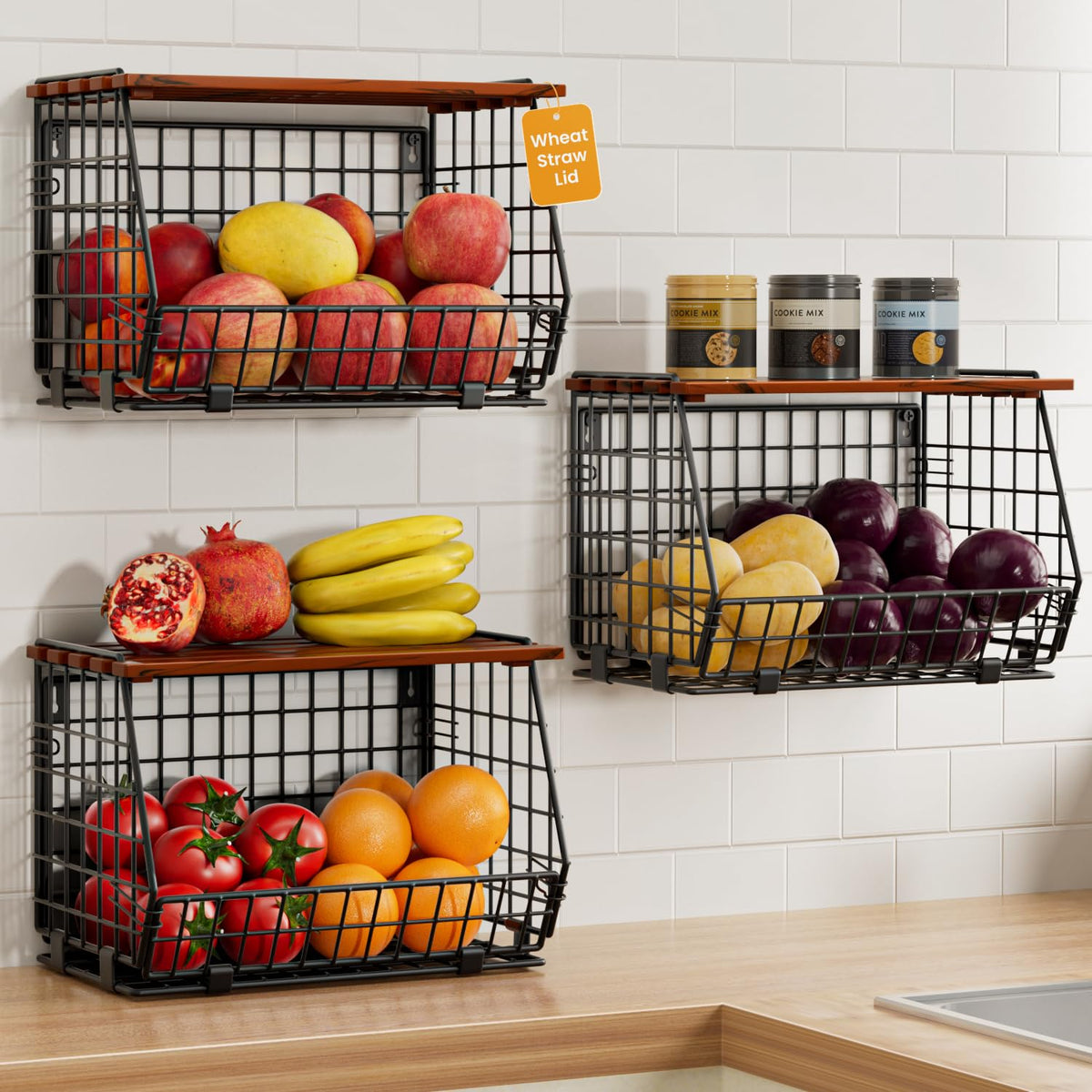 Hanging Fruit Basket for Kitchen, 3 Pack Vegetable Produce Basket
