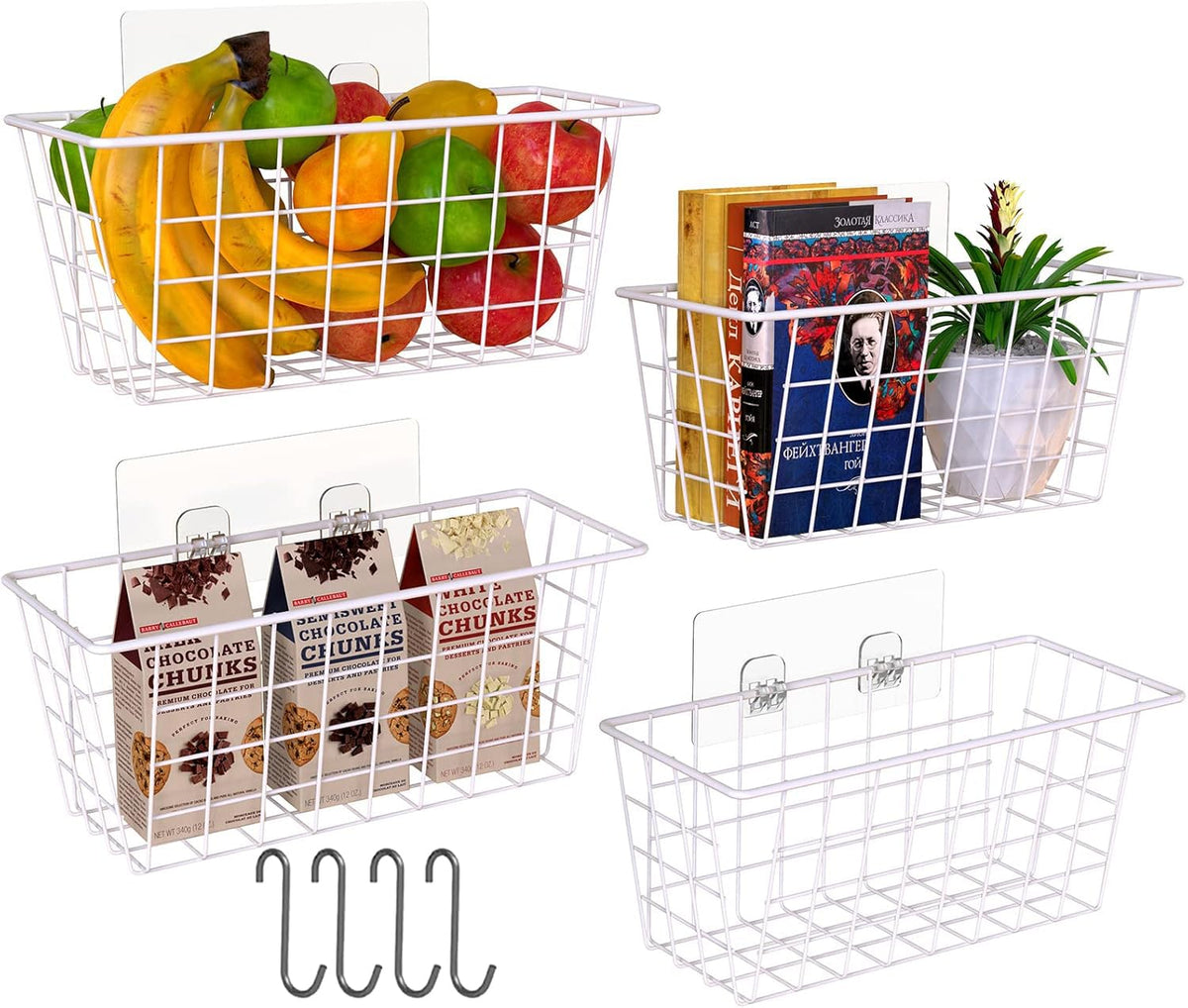MaraFansie Wall Wire Baskets Bin No Drilling Adhesive Hanging Baskets Wall Mounted for Cabinet & Pantry Organization and Kitchen, Bathroom, Bedroom Storage, 2 Pack, White