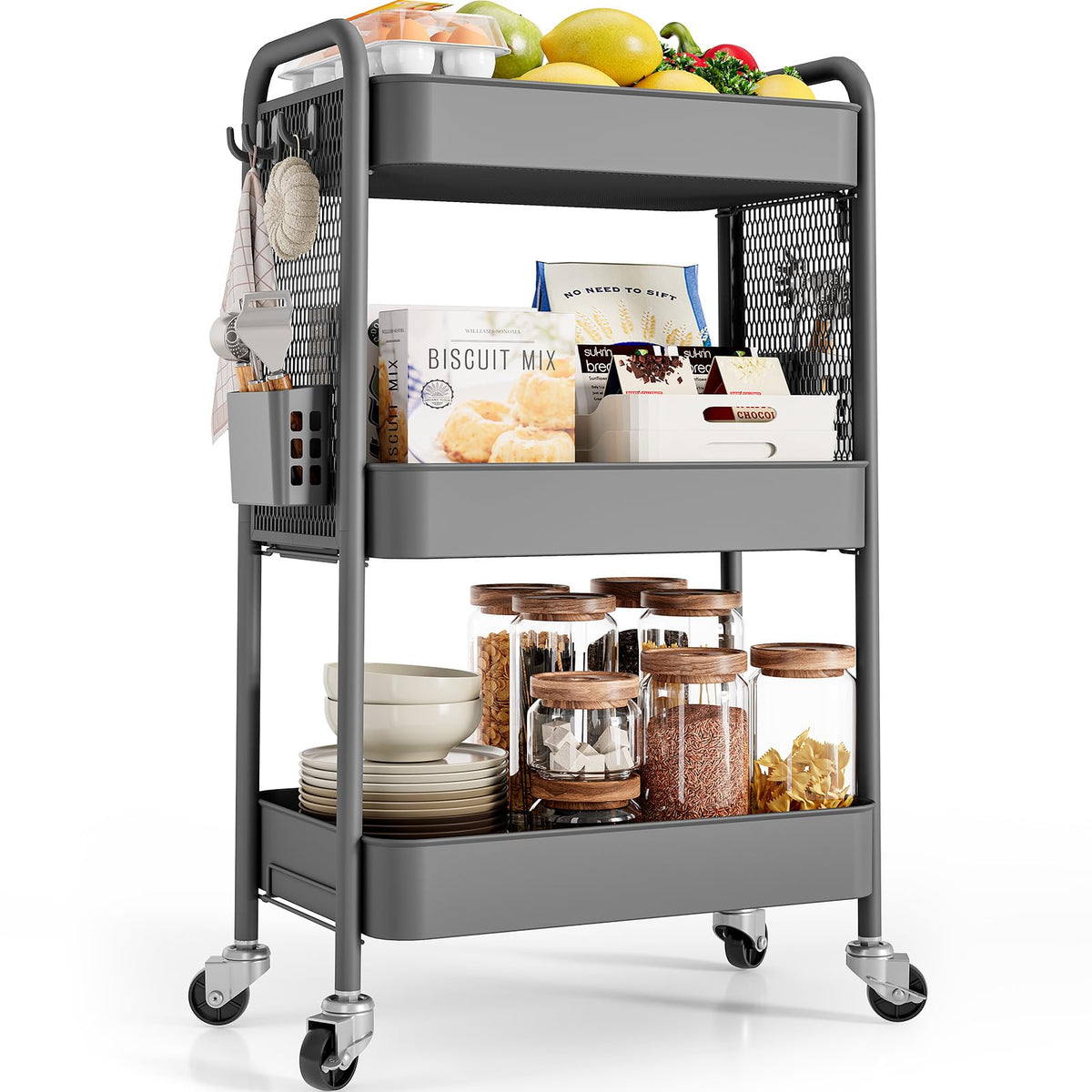 TOOLF 4 Tier Rolling Cart, Metal Utility Storage Cart with Pegboard, Black
